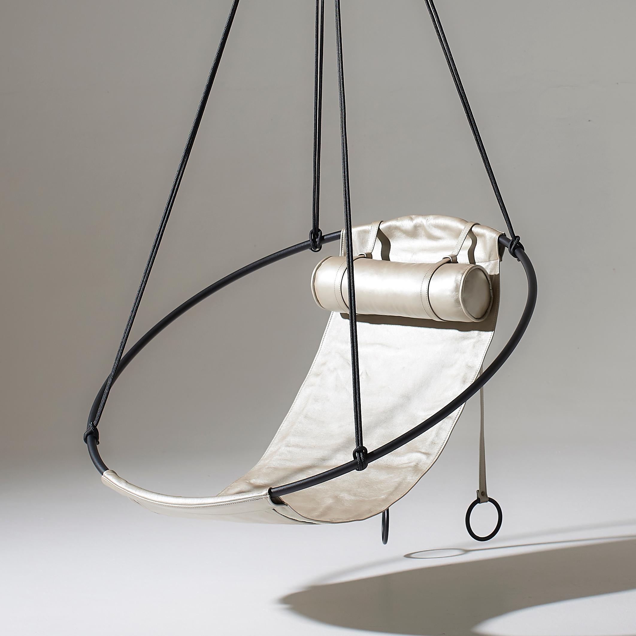 Hand-Crafted Sling Hanging Swing Chair Genuine Silver Leather 21st Century Modern For Sale