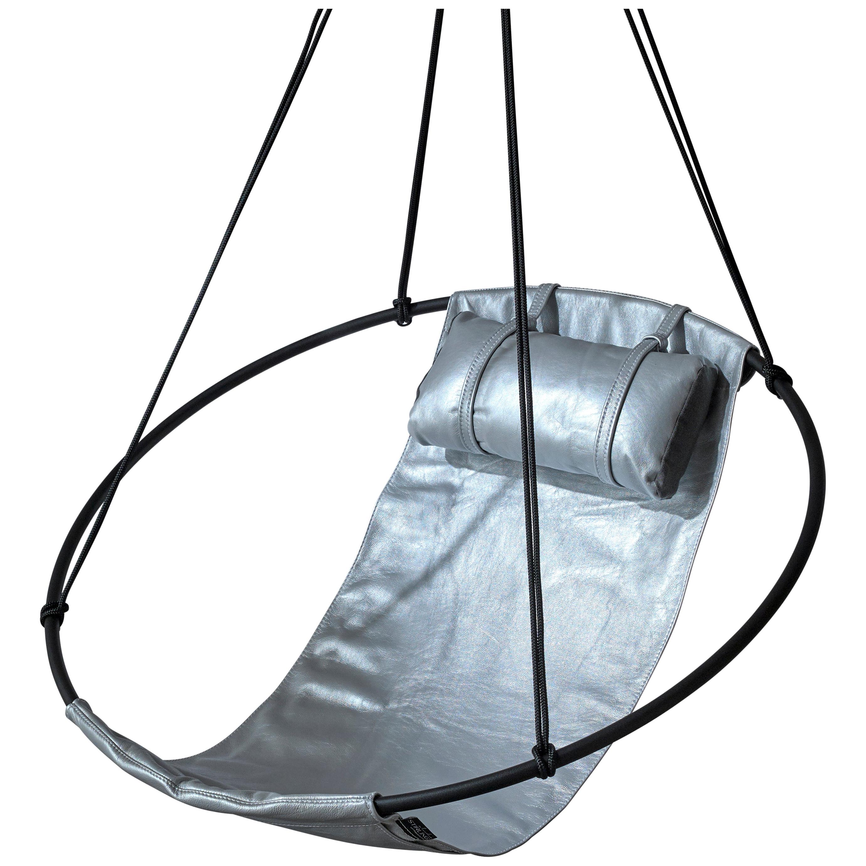 Sling Hanging Swing Chair Genuine Silver Leather 21st Century Modern For Sale