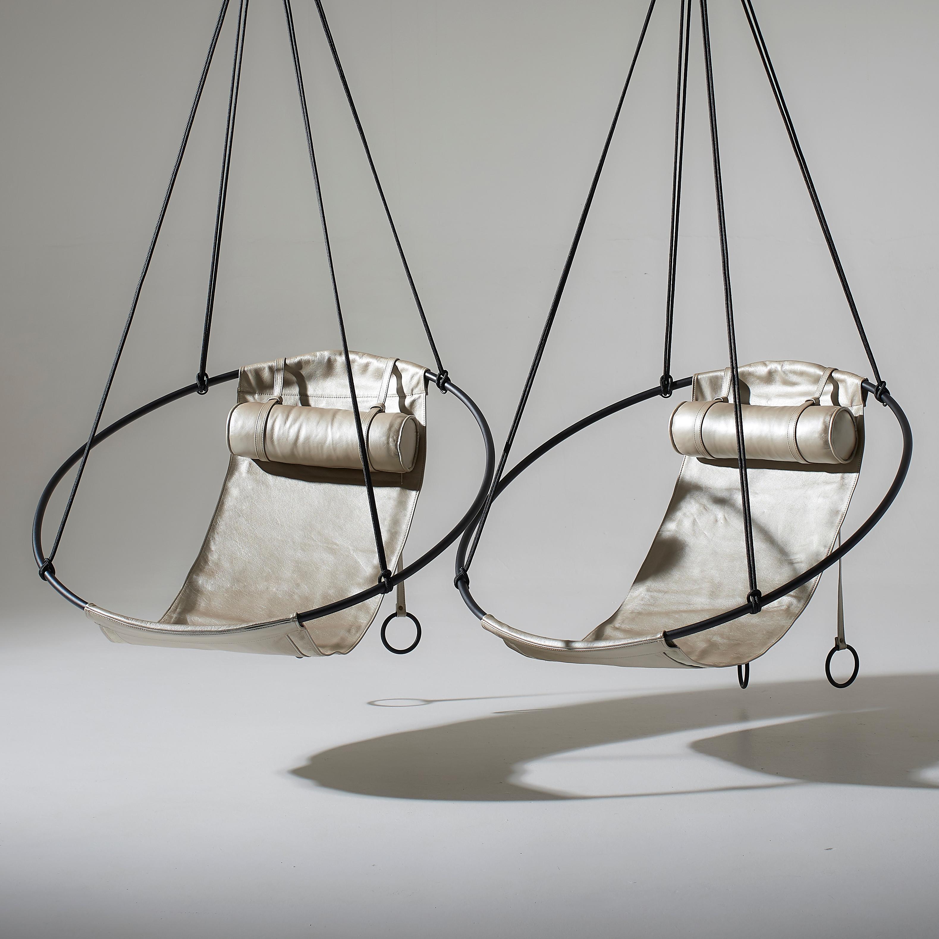 Sling Hanging Swing Chair Genuine White Leather 21st Century Modern For Sale 2