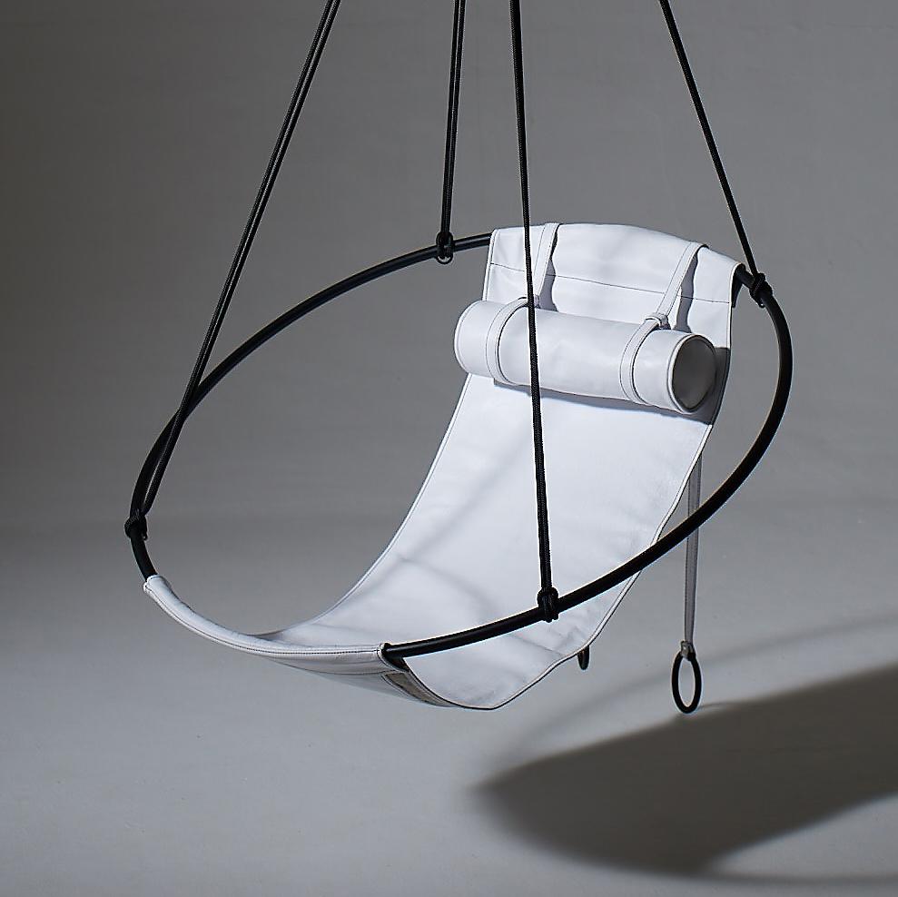 South African Sling Hanging Swing Chair Genuine White Leather 21st Century Modern For Sale