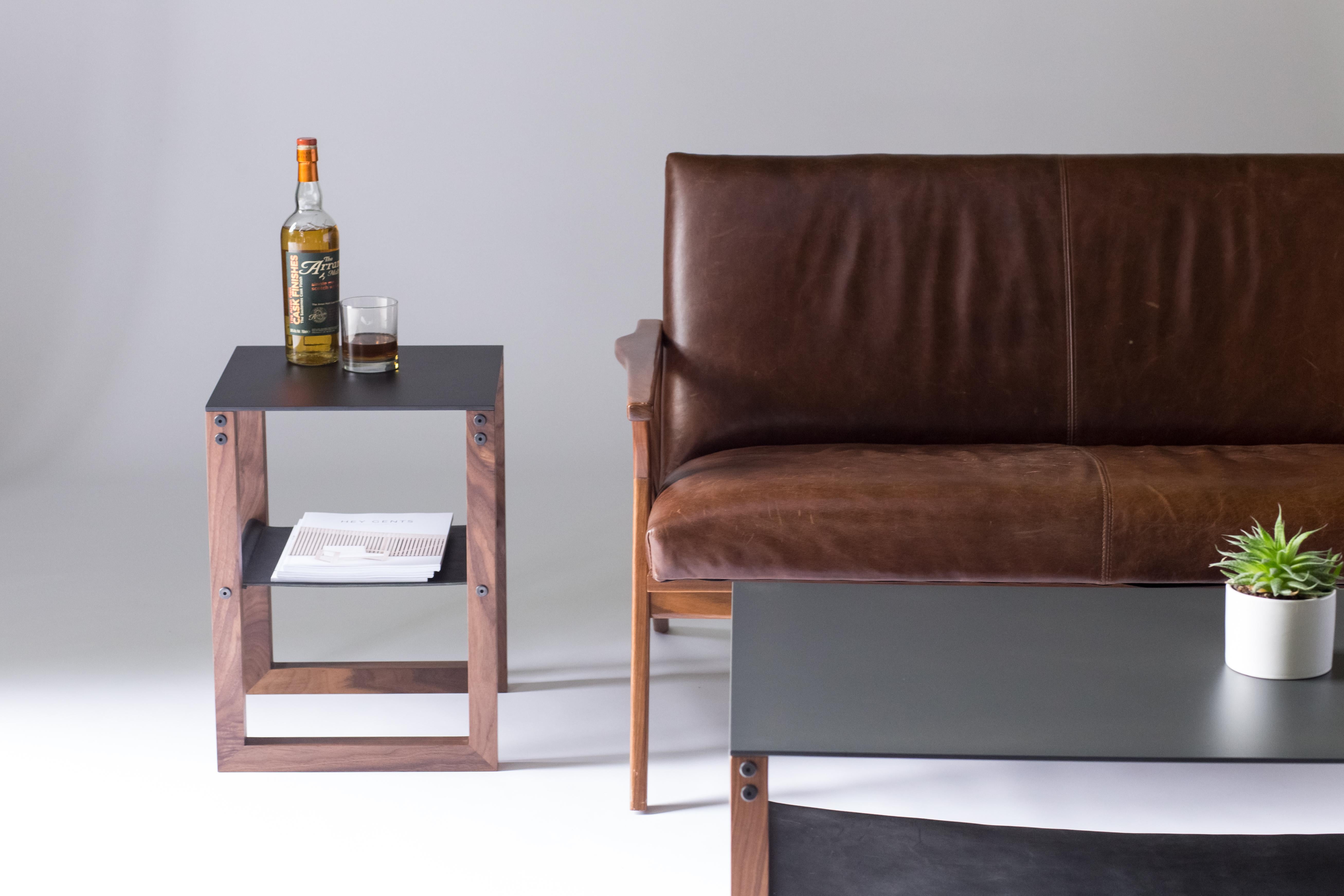 Sling - Modern Aluminum, Leather and Walnut Side Table For Sale 3