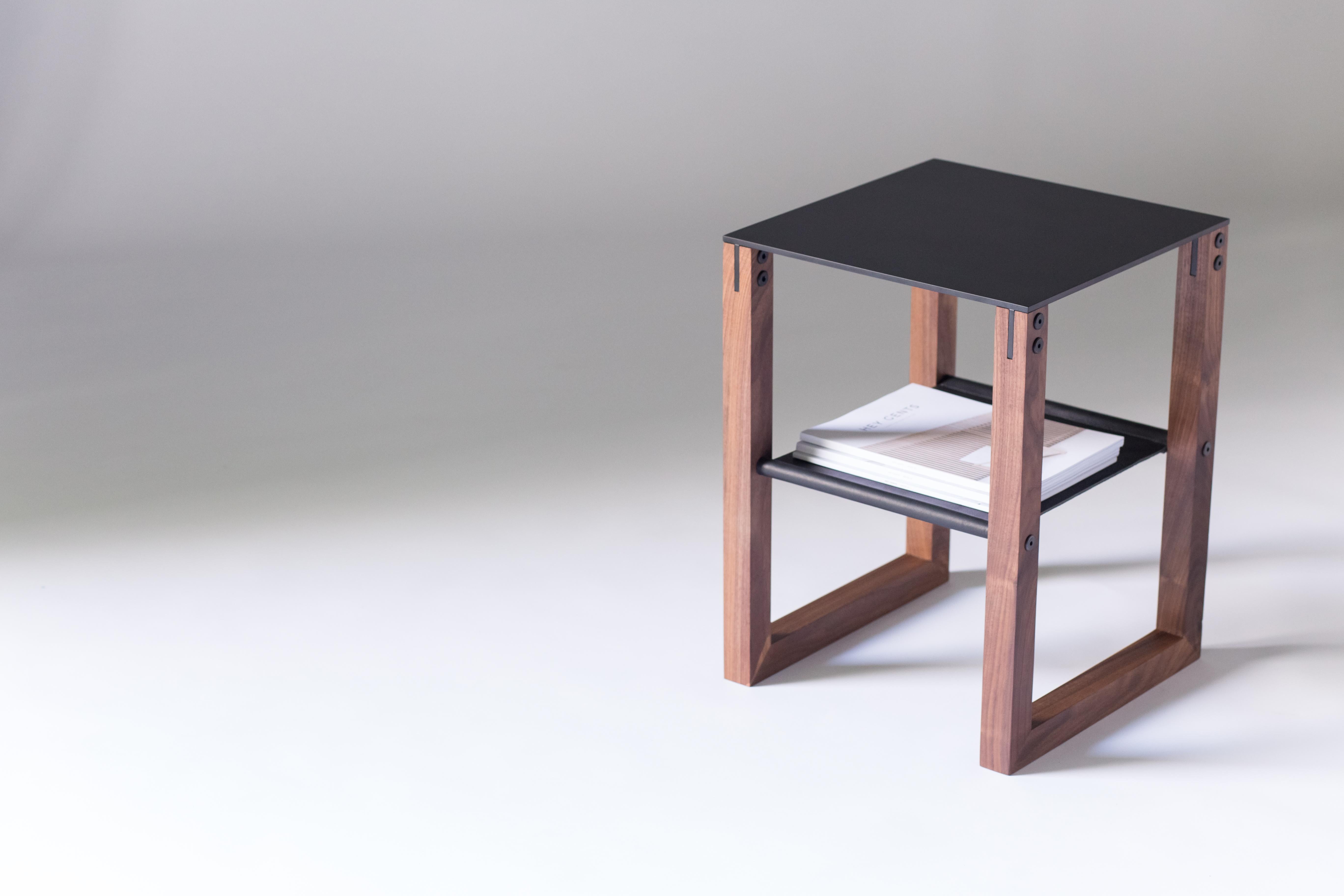 Minimalist Sling - Modern Aluminum, Leather and Walnut Side Table  For Sale
