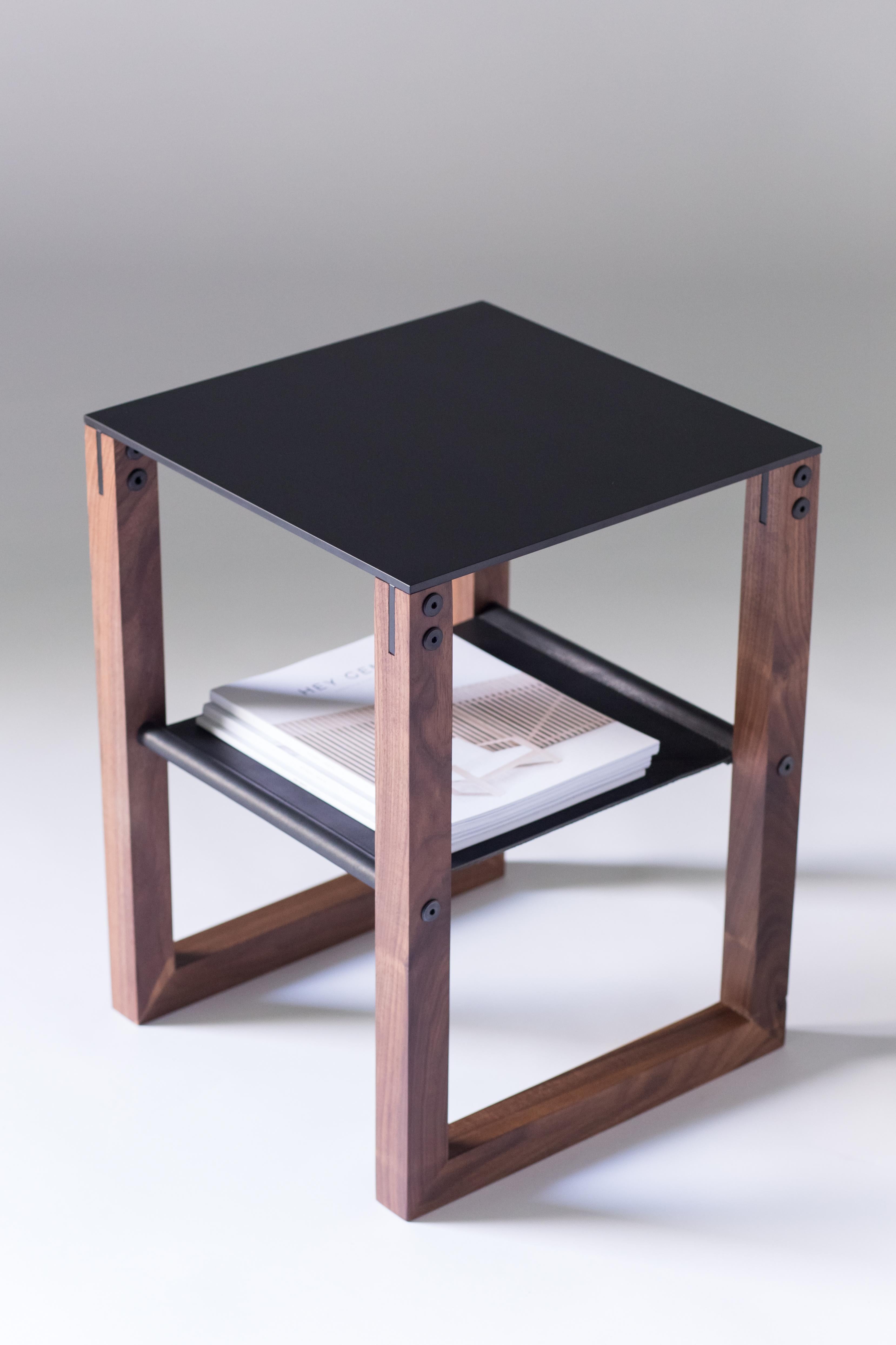 American Sling - Modern Aluminum, Leather and Walnut Side Table  For Sale