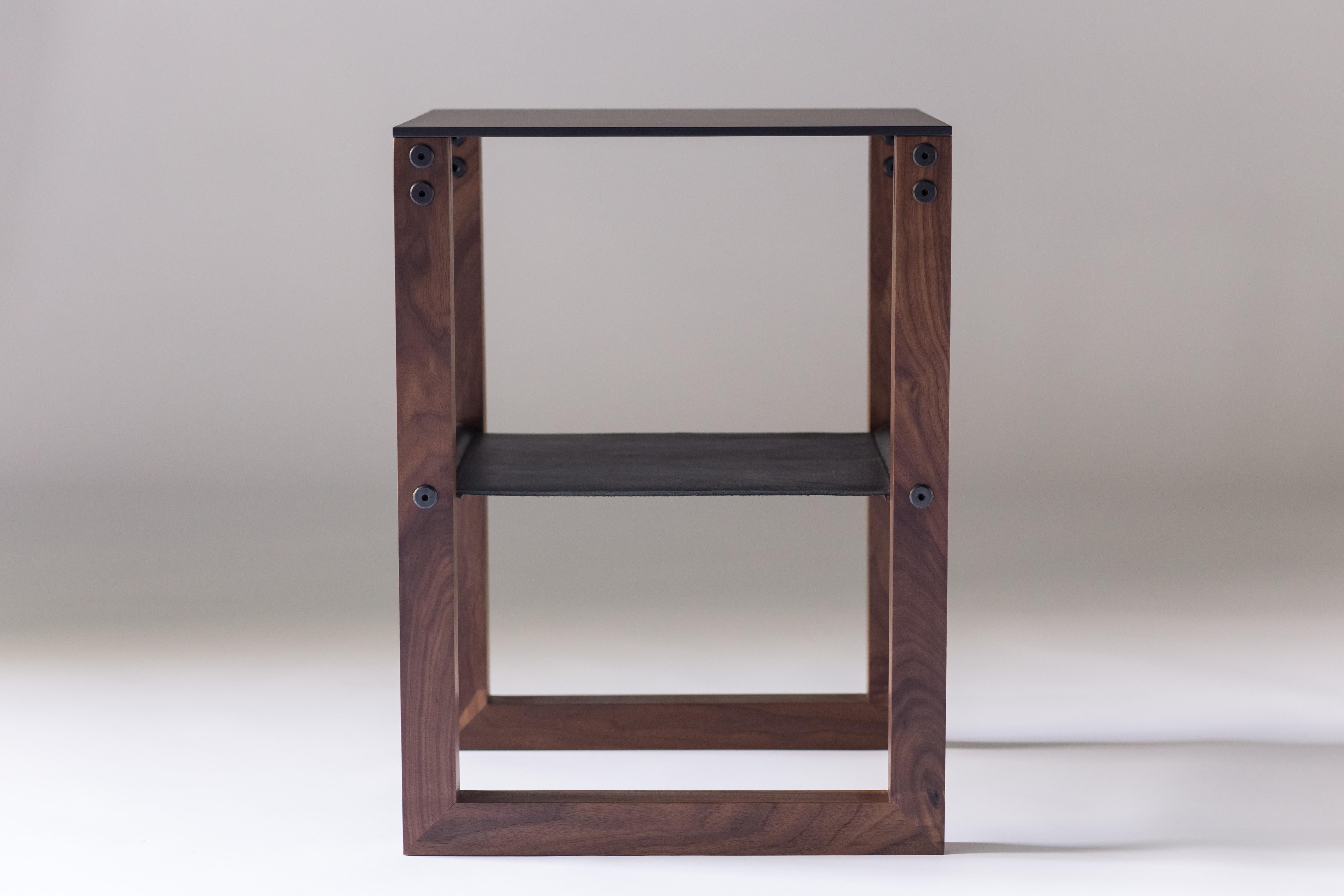 Blackened Sling - Modern Aluminum, Leather and Walnut Side Table For Sale