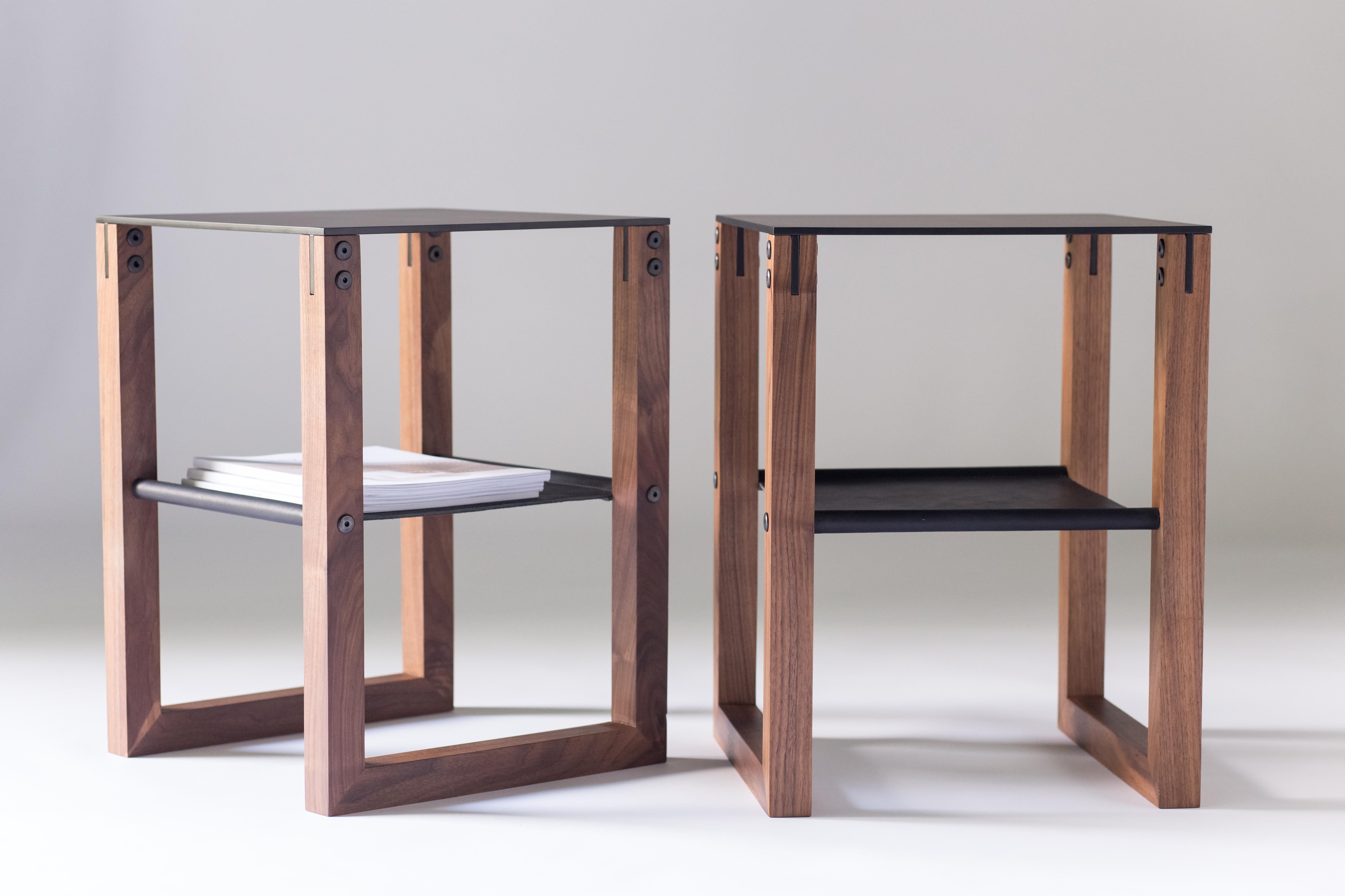 Contemporary Sling - Modern Aluminum, Leather and Walnut Side Table For Sale