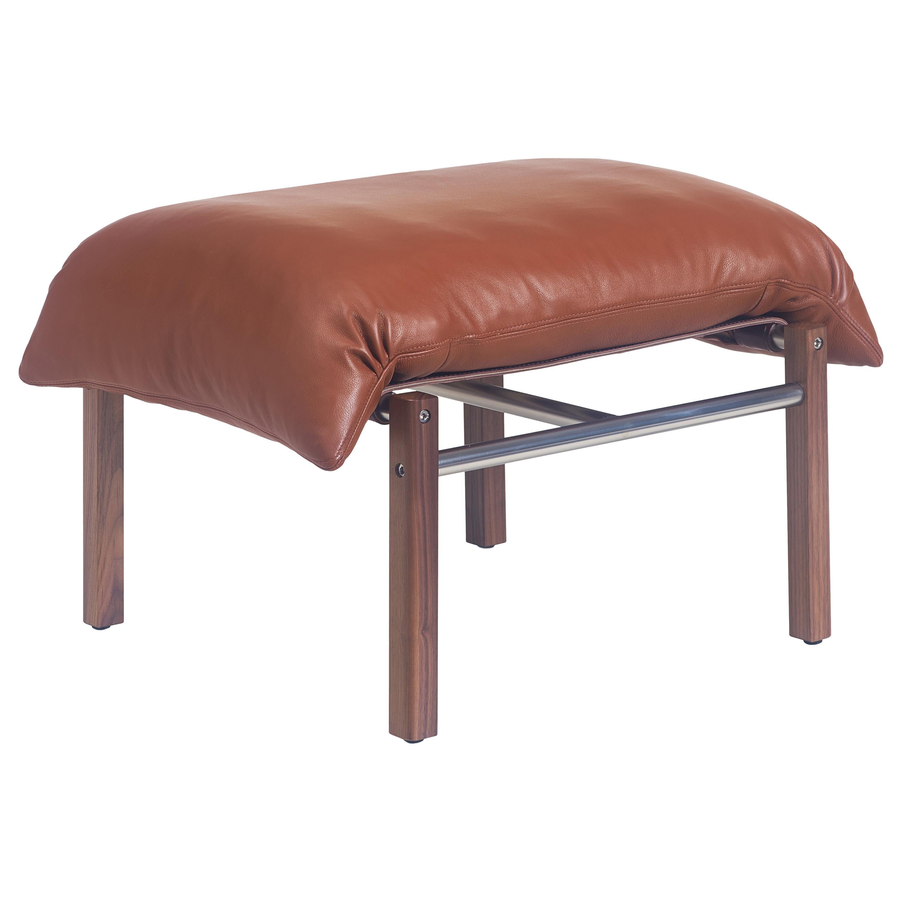 For Sale: Brown (Comfort 33286 Chestnut Brown) Sling Ottoman in Solid Walnut, Satin Nickel and Leather Designed by Craig Bassam