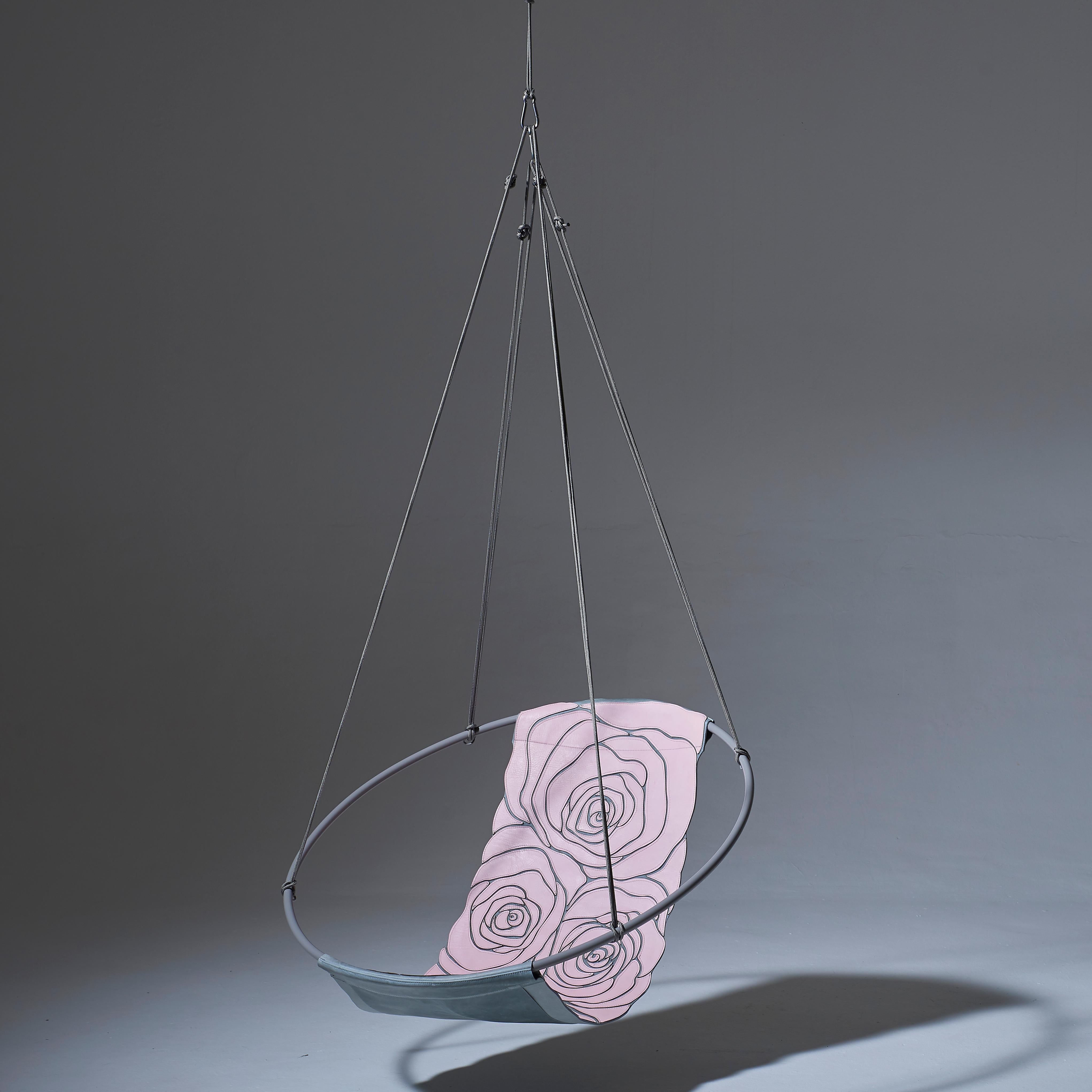 Sling Rose Pink Grey Machine Stitched Genuine Leather Hanging Swing Chair For Sale 2
