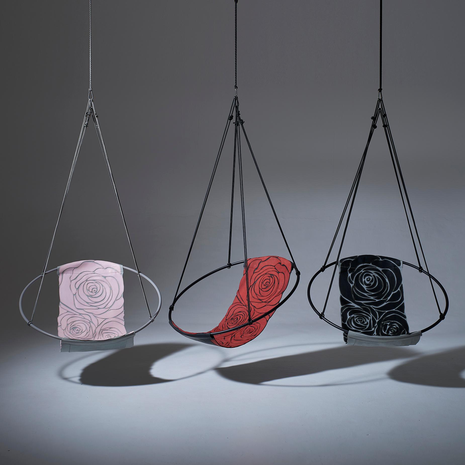 Sling Rose Pink Grey Machine Stitched Genuine Leather Hanging Swing Chair For Sale 5