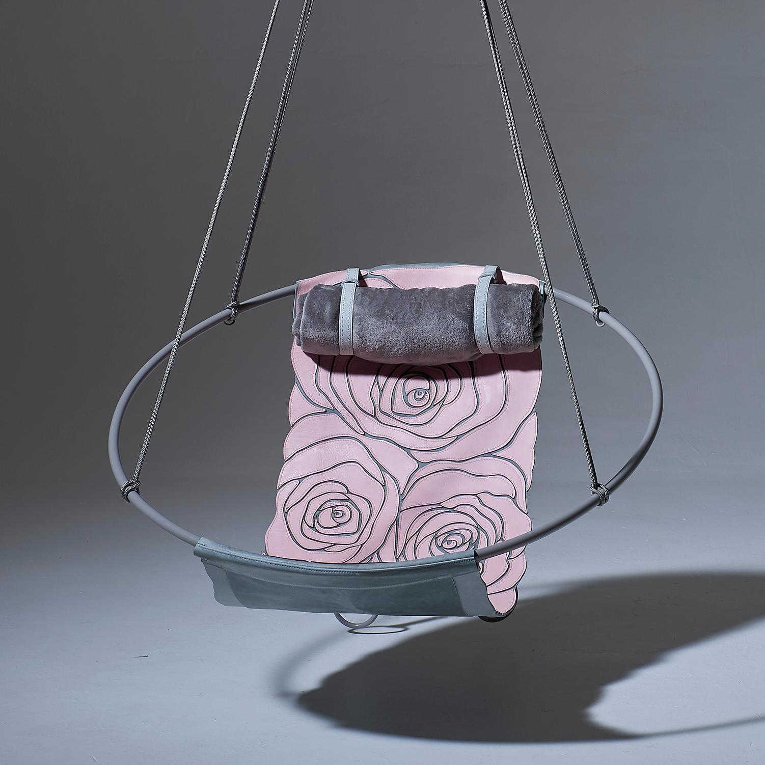 Hand-Crafted Sling Rose Pink Grey Machine Stitched Genuine Leather Hanging Swing Chair For Sale