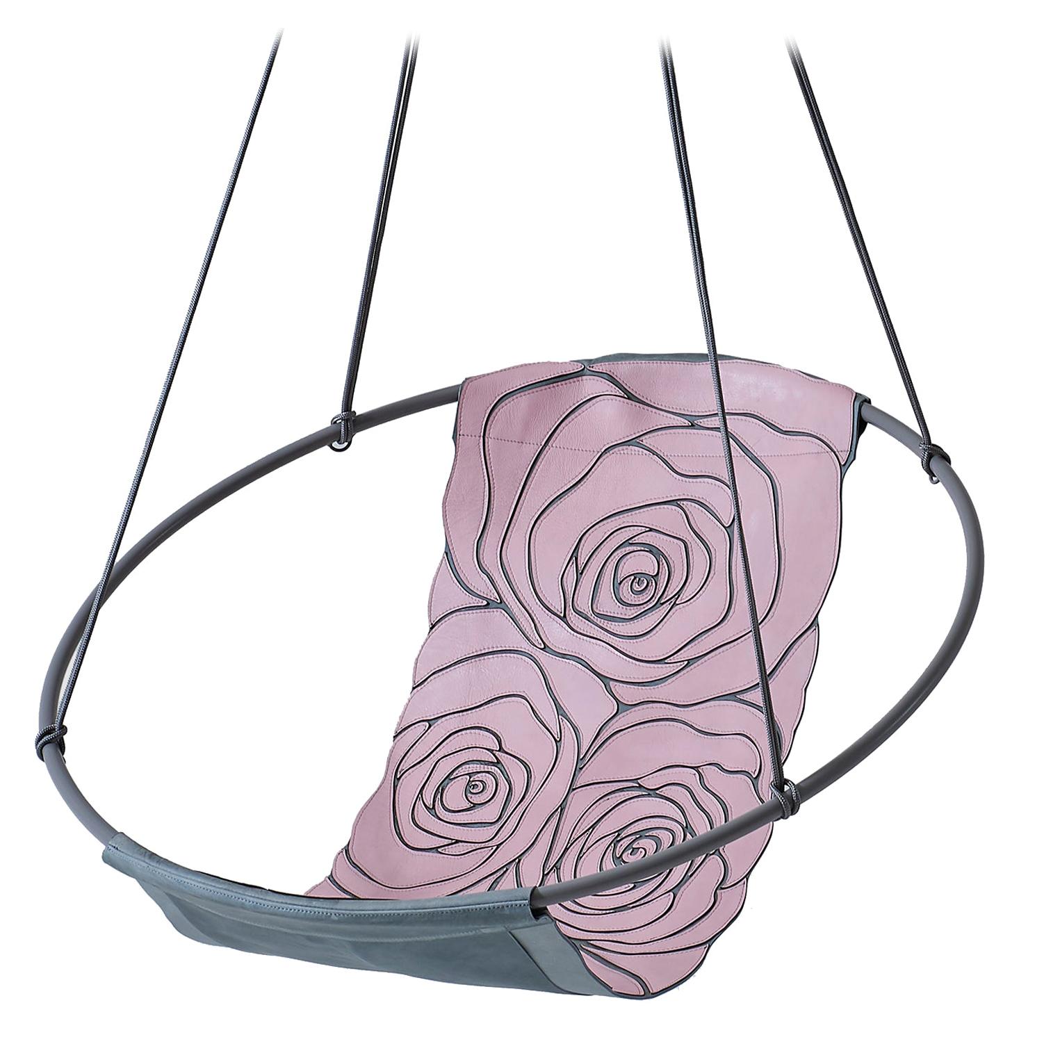 Sling Rose Pink Grey Machine Stitched Genuine Leather Hanging Swing Chair