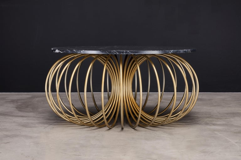 Modern Slink Coffee Table, Nero Marquina Marble and Gold Powder Coated Metal For Sale
