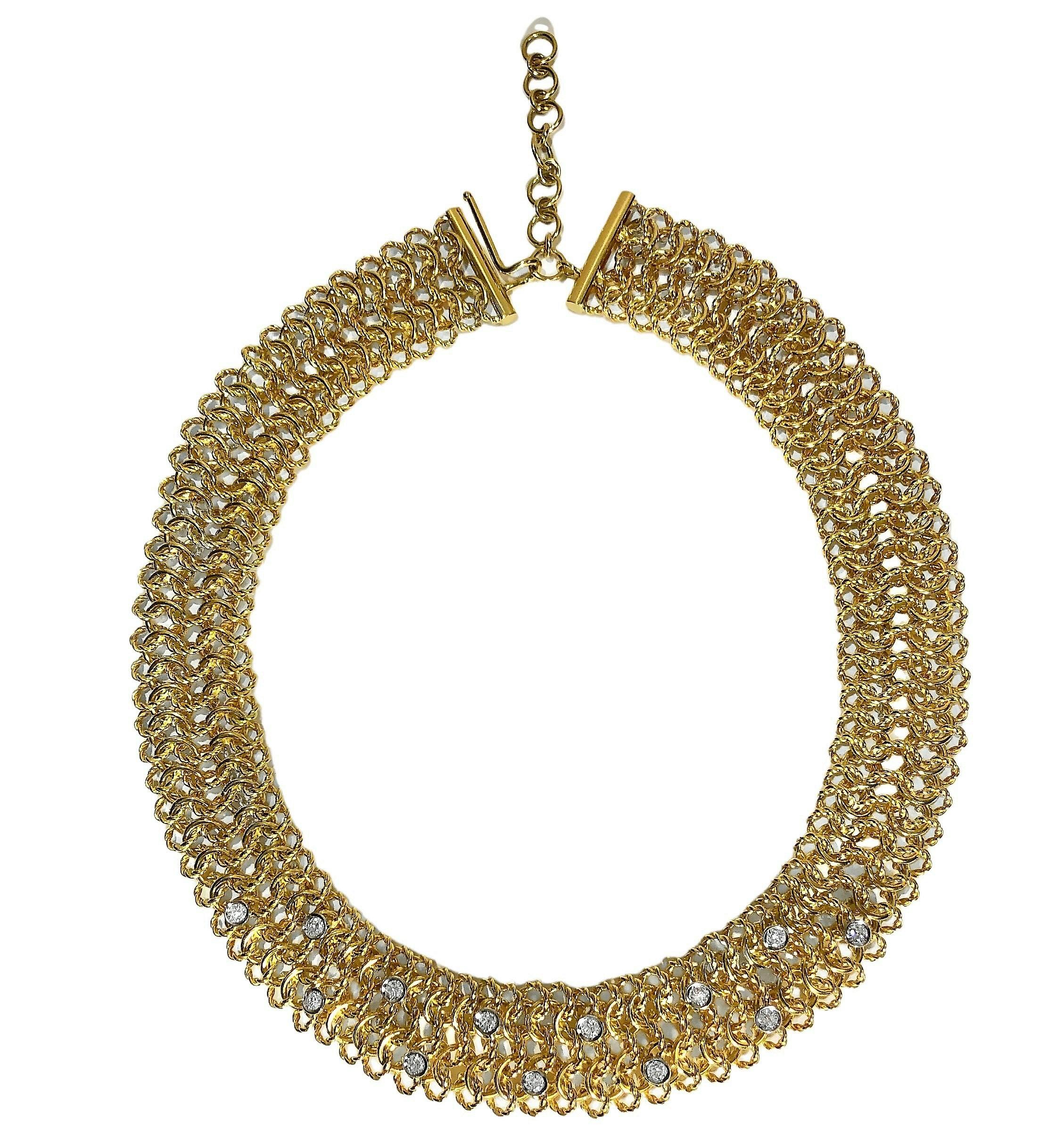 This very dimensional and wide Italian mesh necklace adjusts for wear from 16 inches to 18 inches in length and has a uniform width of 7/8 inches. The necklace is a very artfully done single length of intertwined high polish and rope textured 18k