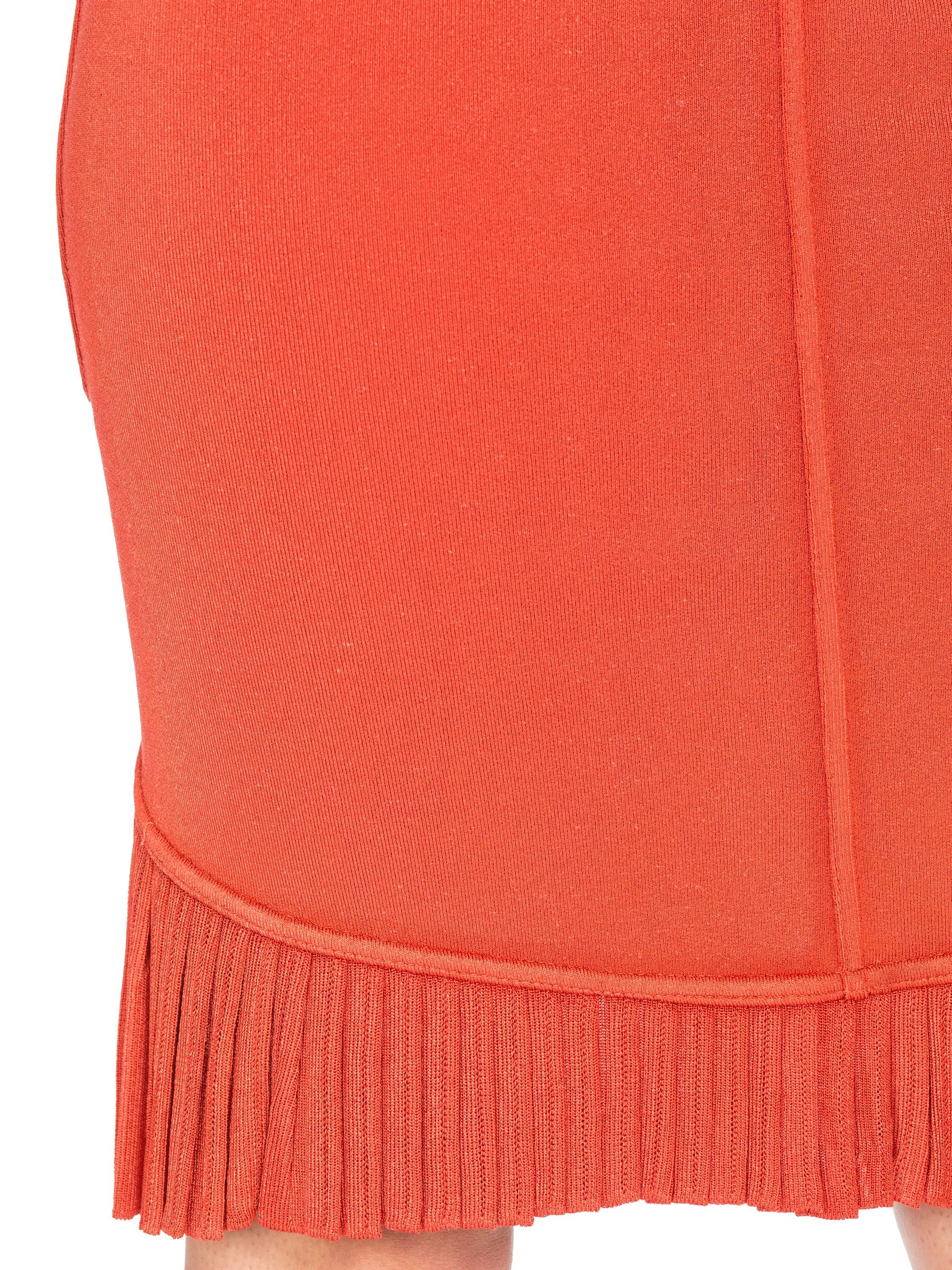 1990er Alaia lachsrotes Stretch-Kleid aus Viskosemischung mit plissiertem Rüschensaum XL im Angebot 5