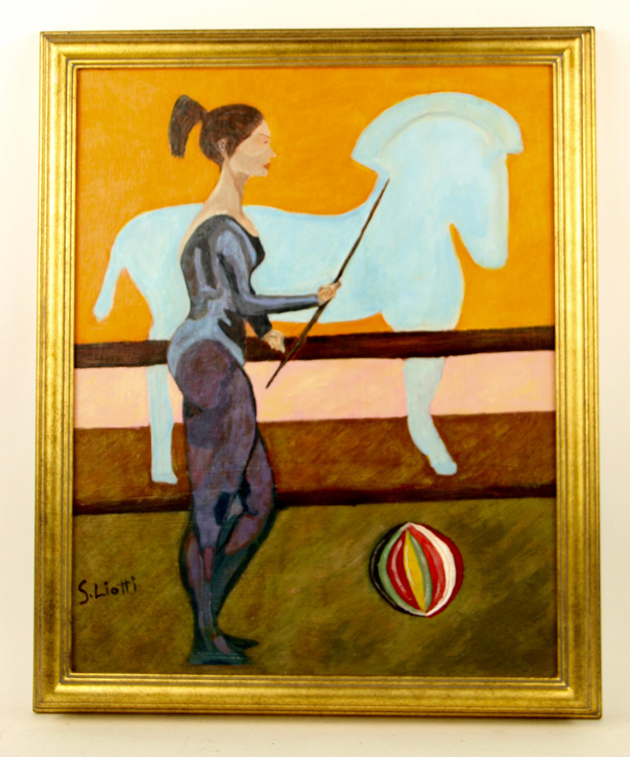 #5-3462 Surreal horse trainer, figurative painting  on artist board displayed in a gilt wood frame, signed by S.Liotti 
Image size 19.25 H x 15.25 W