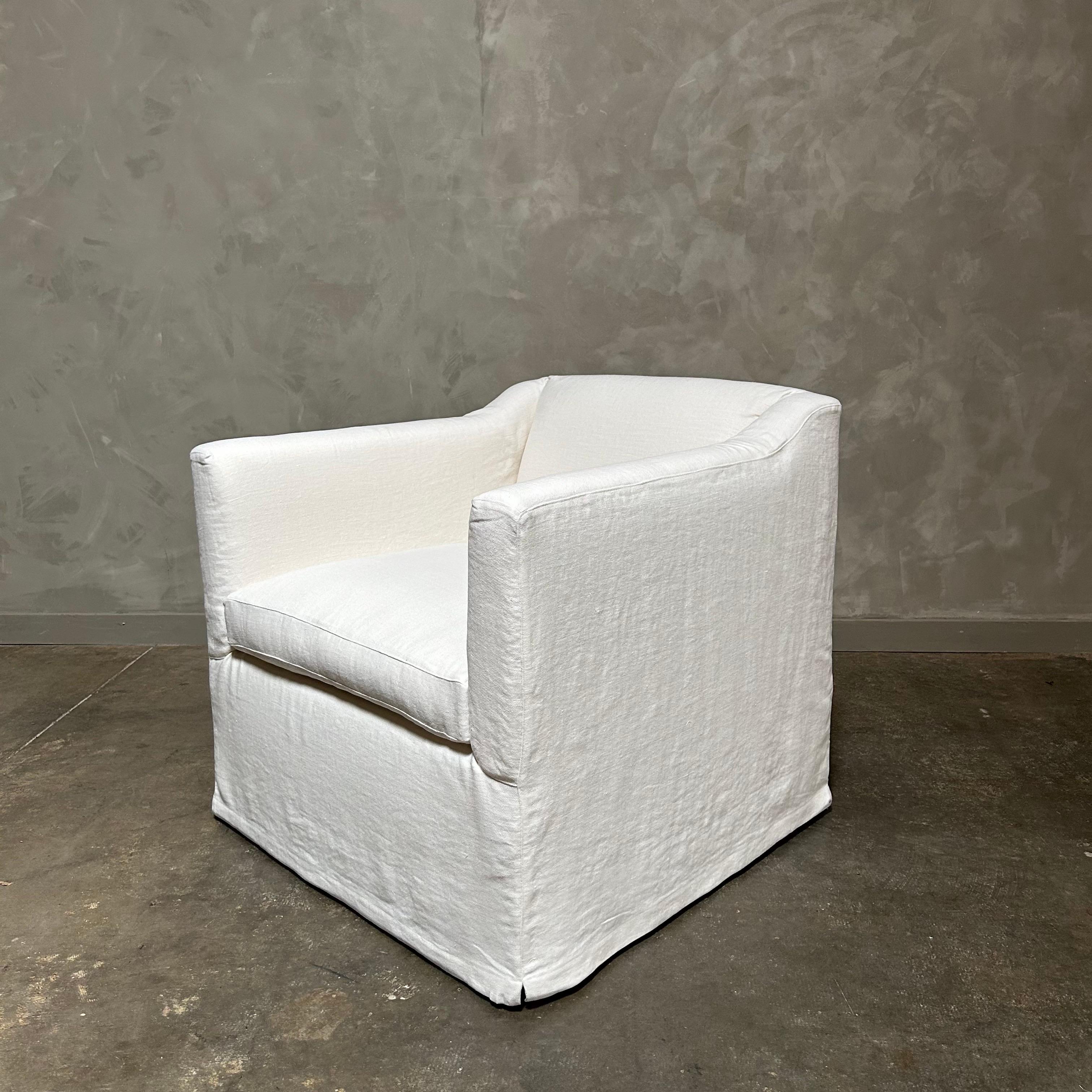 slip cover swivel chair upholstered in white belgian linen In New Condition For Sale In Brea, CA
