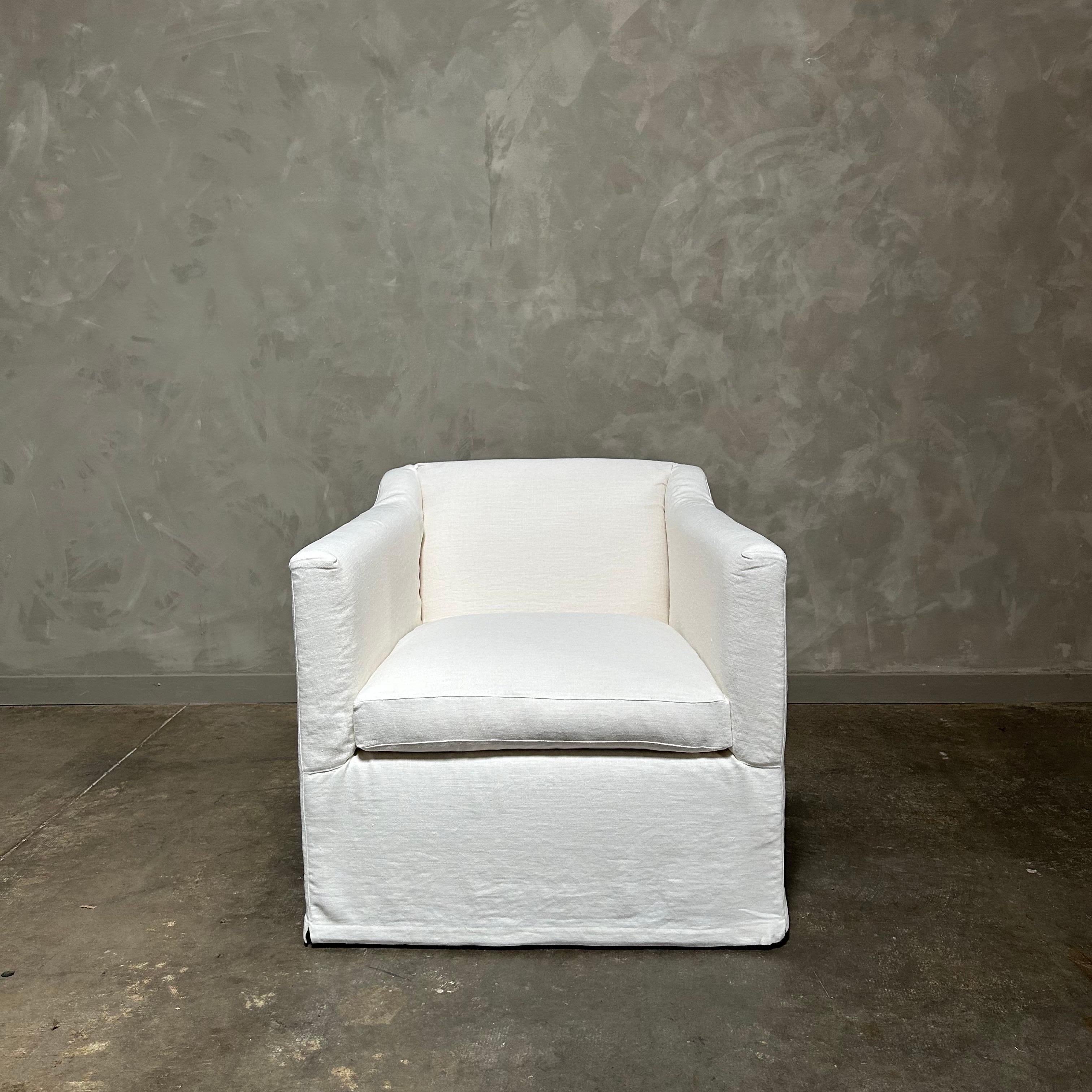 slip cover swivel chair upholstered in white belgian linen For Sale 1