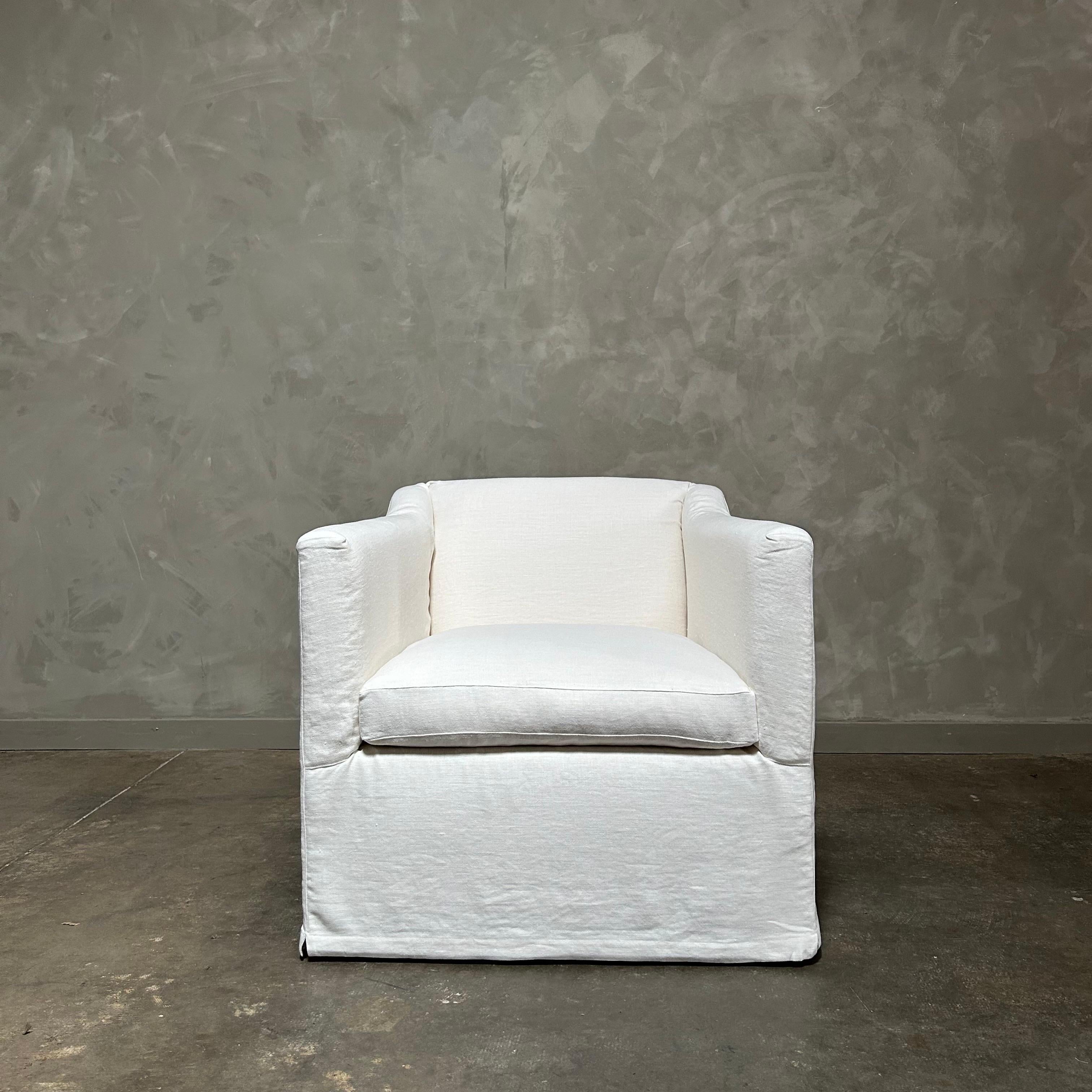 slip cover swivel chair upholstered in white belgian linen For Sale 2