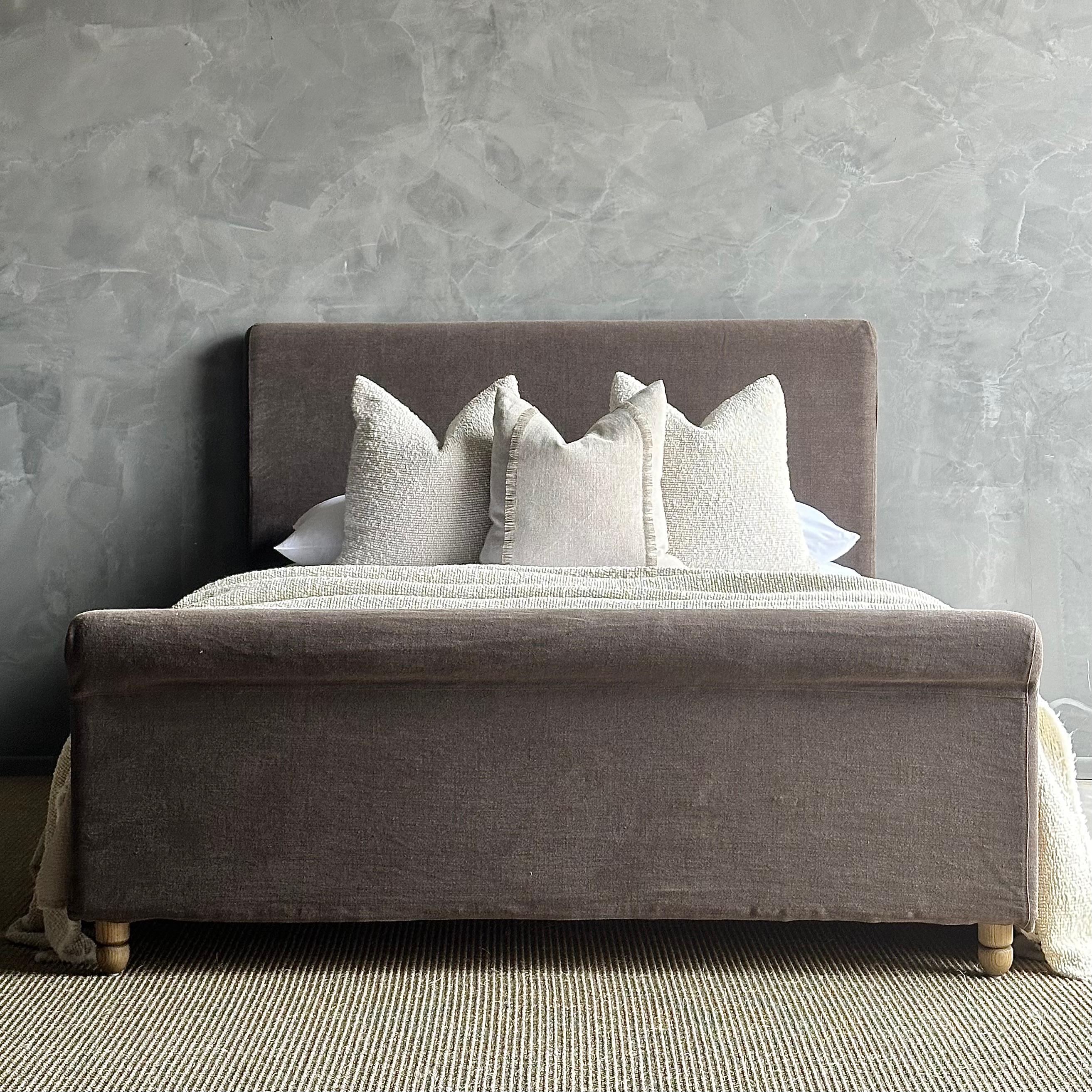 Organic Modern Slip Covered Queen Size Bed in Brown Stone Washed Linen For Sale