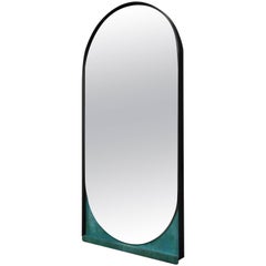 Miroir à glissière en acier noirci contemporain et bronze patiné
