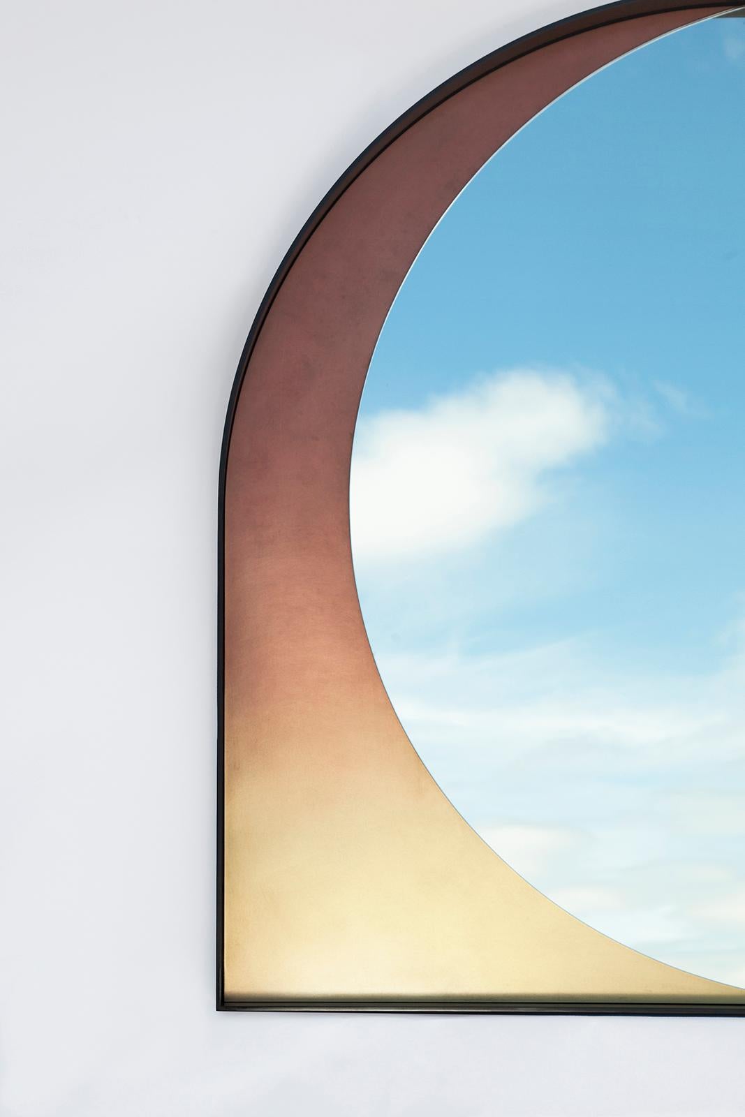 American Slip Mirror in Contemporary Blackened Steel and Rose Gradient Patinated Bronze For Sale