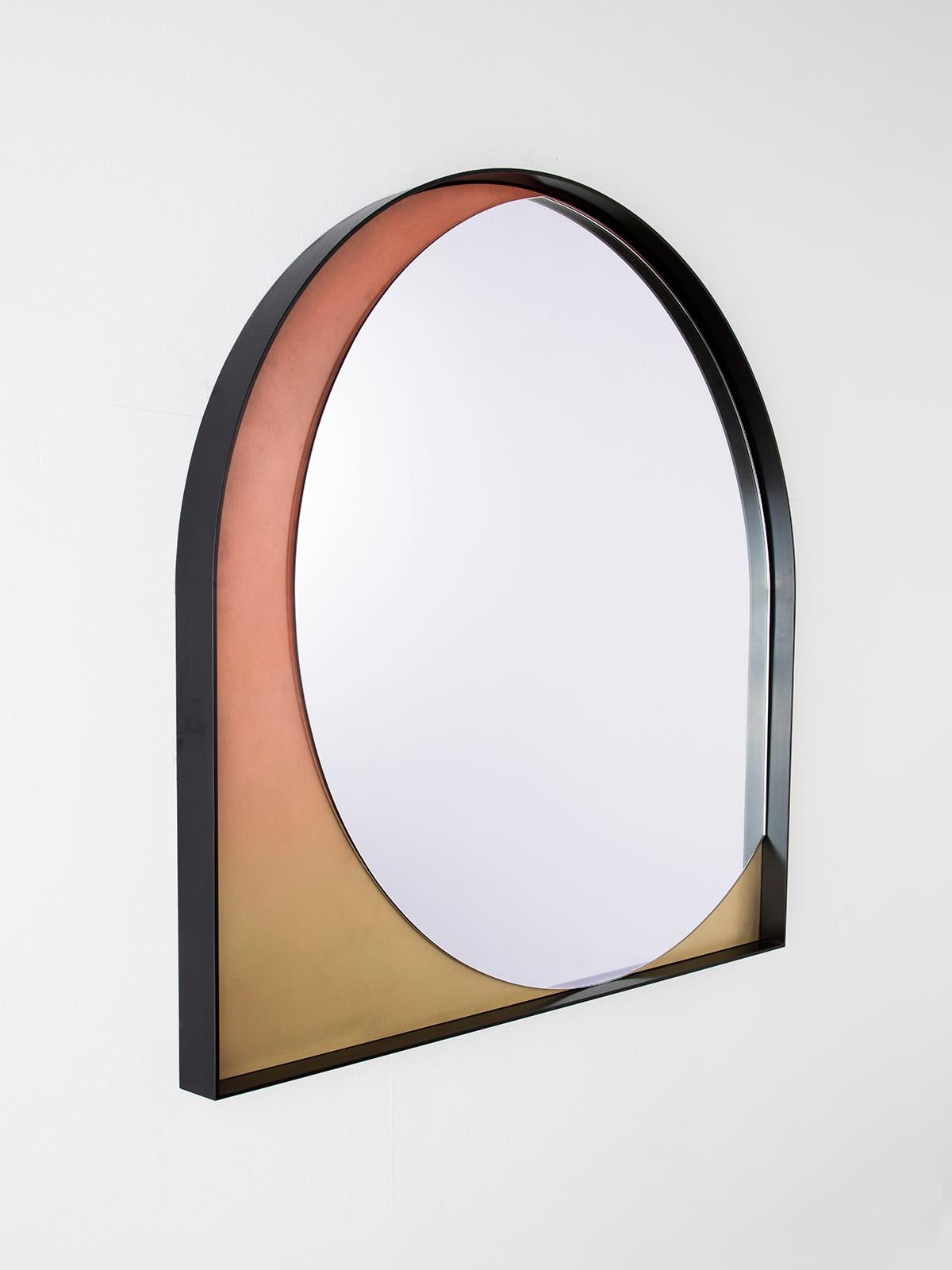 Modern Slip Mirror in Contemporary Blackened Steel and Rose Gradient Patinated Bronze For Sale