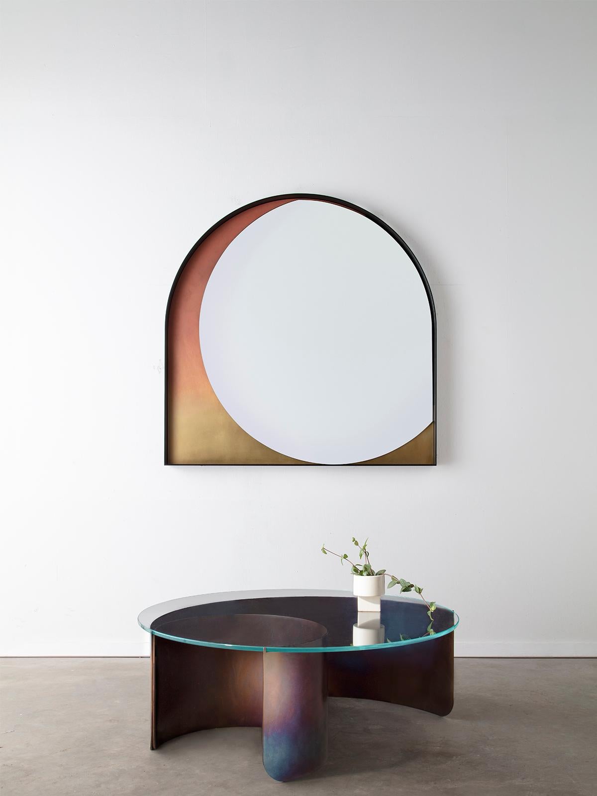 Slip Mirror in Contemporary Blackened Steel and Rose Gradient Patinated Bronze For Sale 1