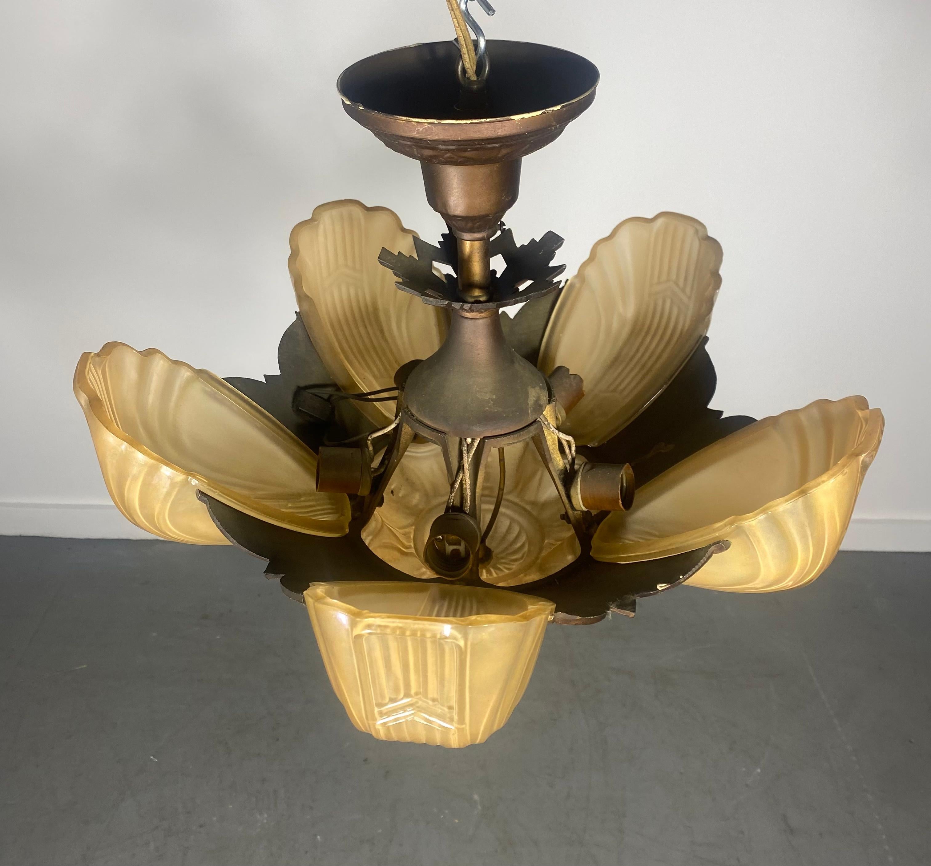 American Slip Shade Art Deco Chandelier, Spelter with Antique Bronze Patina For Sale