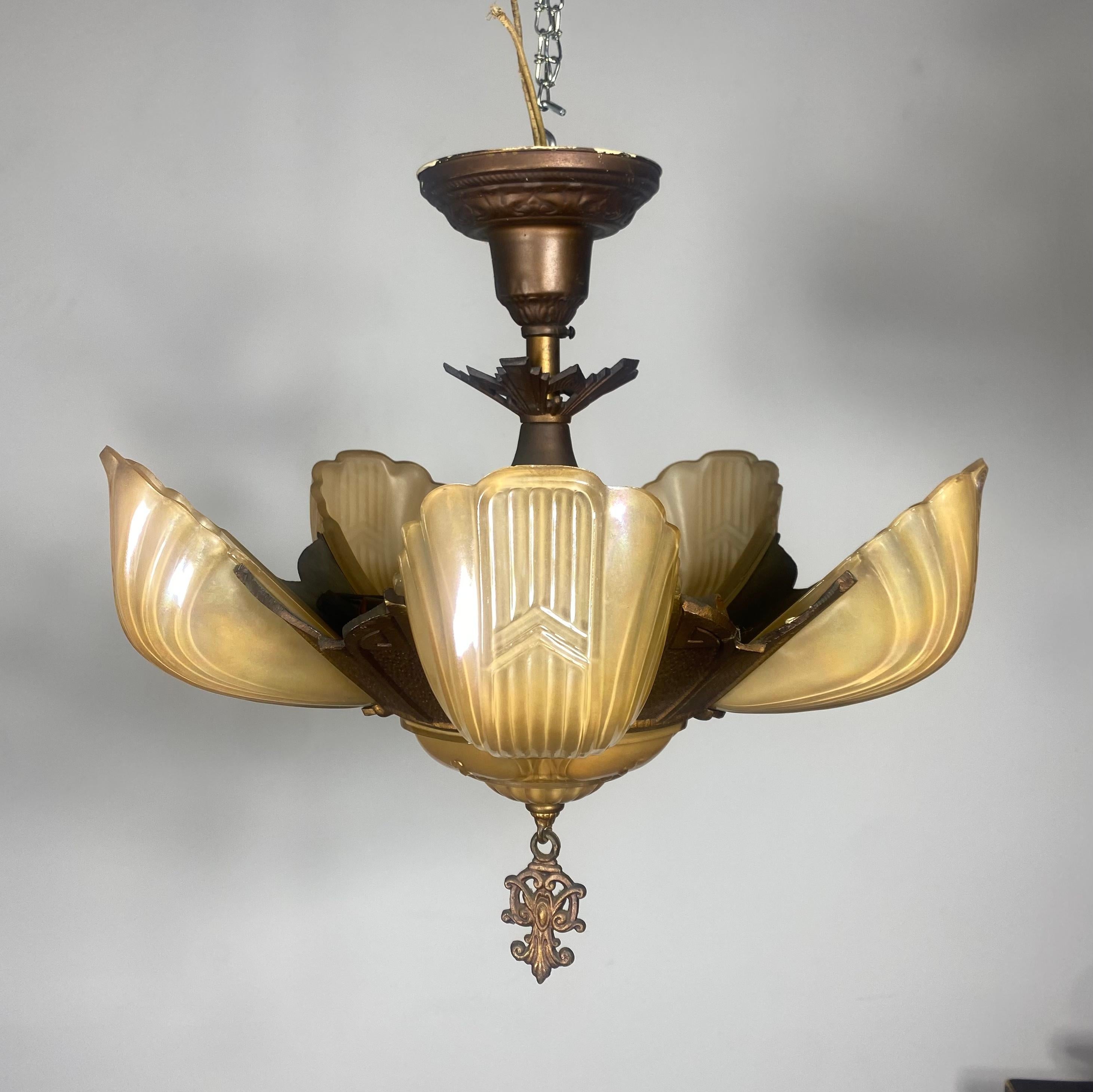 Slip Shade Art Deco Chandelier, Spelter with Antique Bronze Patina In Good Condition For Sale In Buffalo, NY
