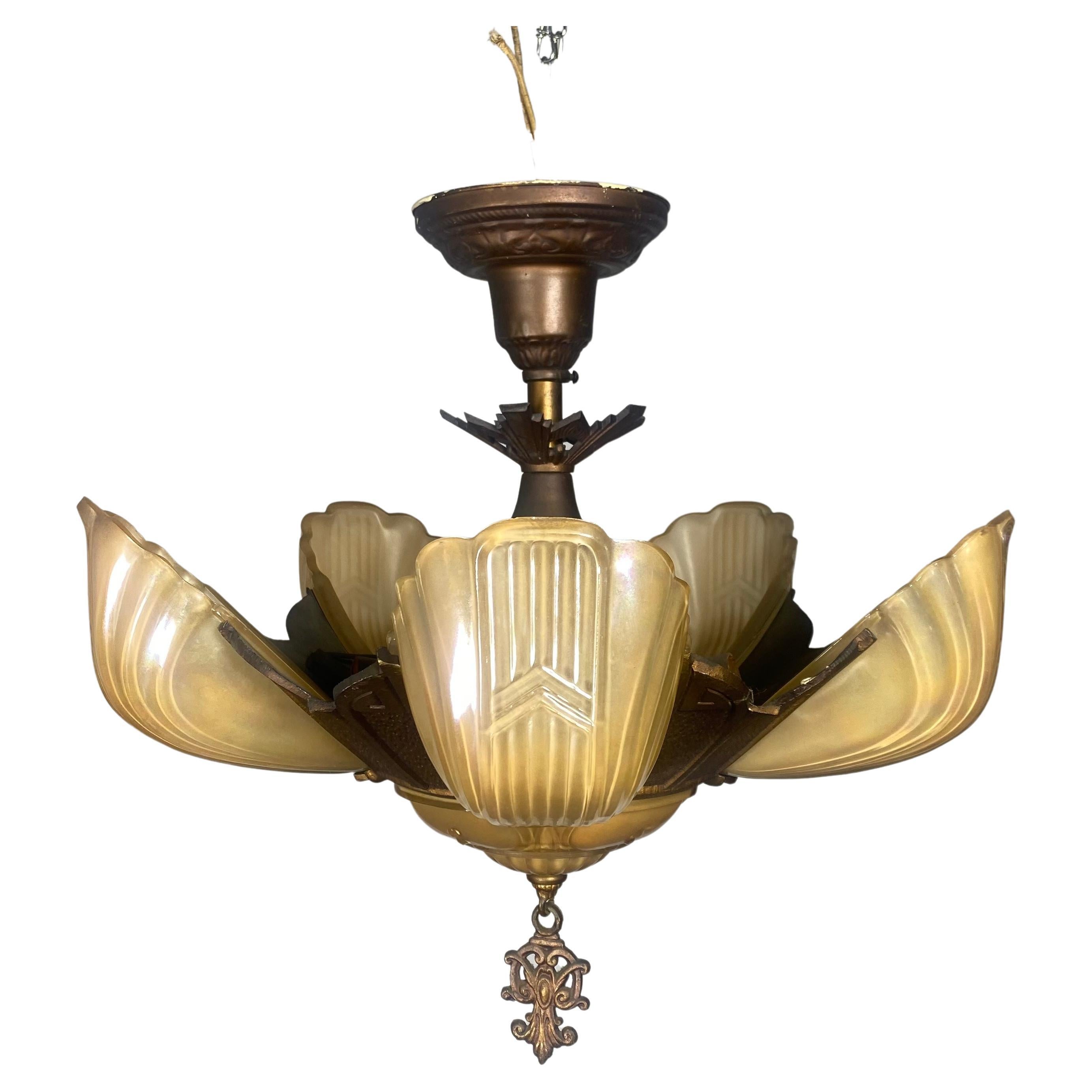 Slip Shade Art Deco Chandelier, Spelter with Antique Bronze Patina For Sale