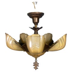 Slip Shade Art Deco Chandelier, Spelter with Vintage Bronze Patina