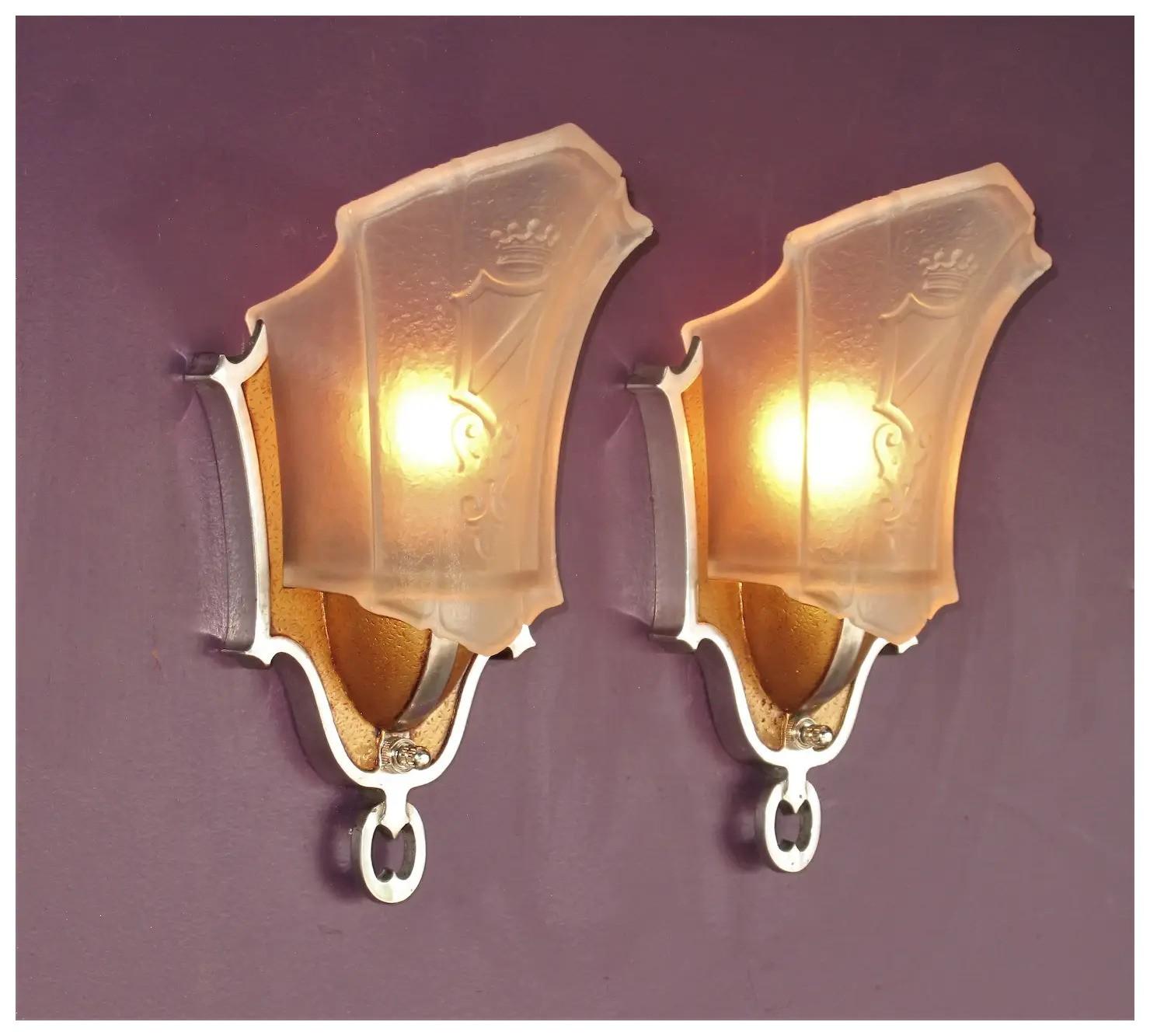 Art Deco Slip Shade Sconces w/ Crown & Shield 4 pr available priced per pr vintage lights For Sale