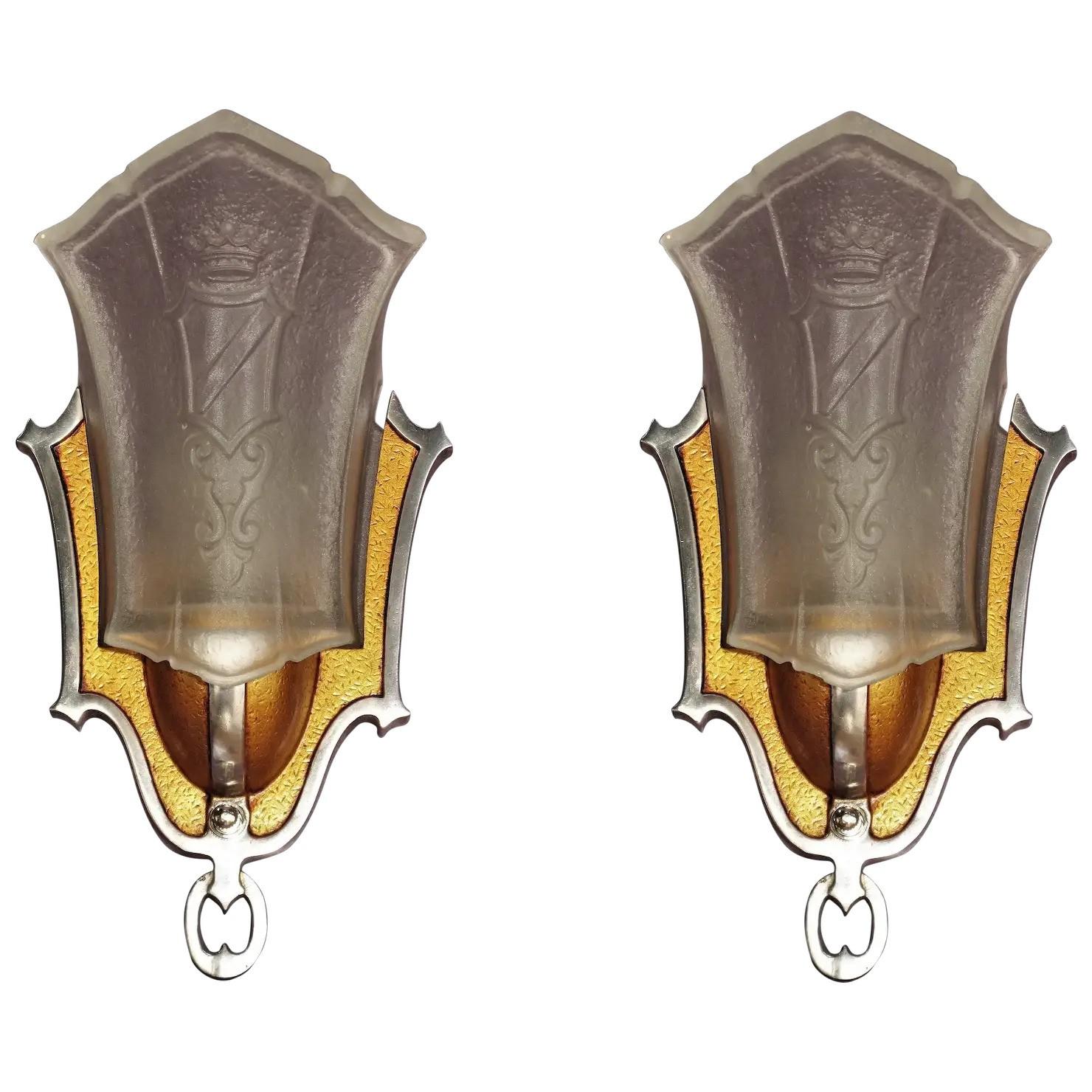 Cast Slip Shade Sconces w/ Crown & Shield 4 pr available priced per pr vintage lights For Sale
