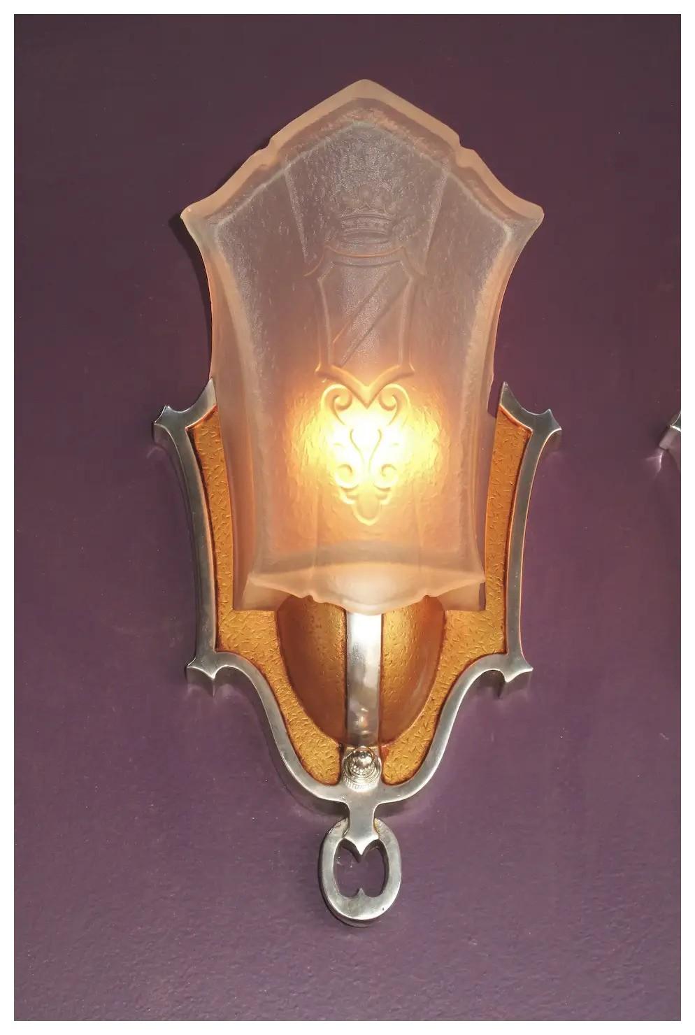 Slip Shade Sconces w/ Crown & Shield 4 pr available priced per pr vintage lights In Good Condition For Sale In Prescott, US