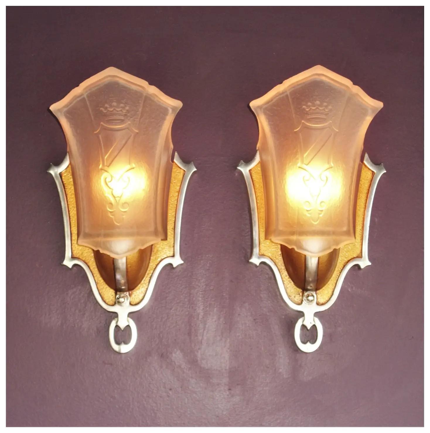 20th Century Slip Shade Sconces w/ Crown & Shield 4 pr available priced per pr vintage lights For Sale
