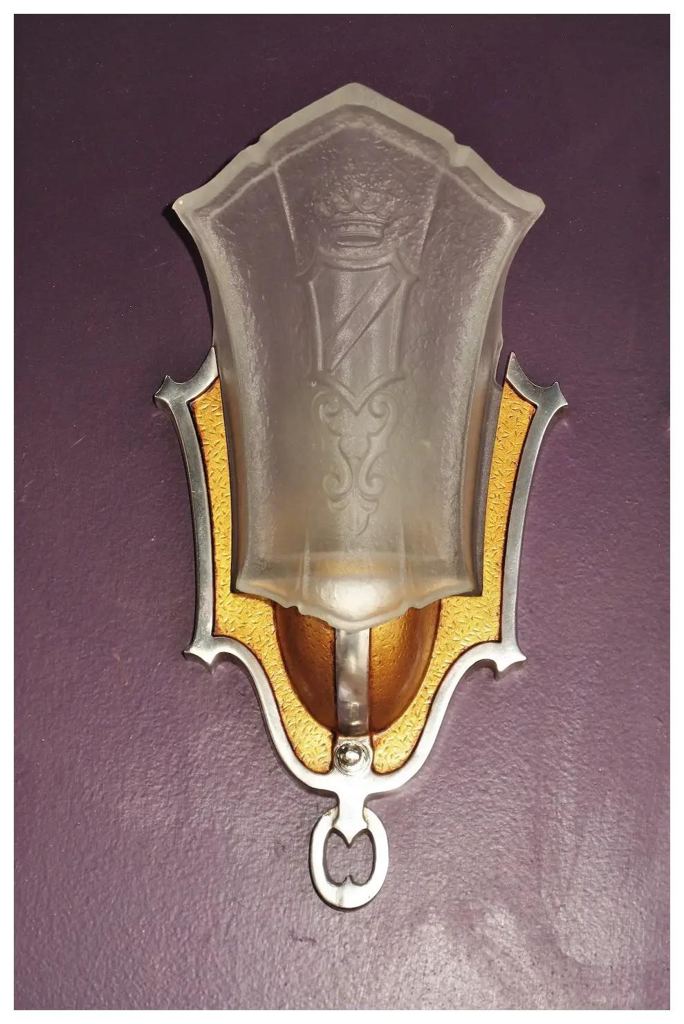 Aluminum Slip Shade Sconces w/ Crown & Shield 4 pr available priced per pr vintage lights For Sale