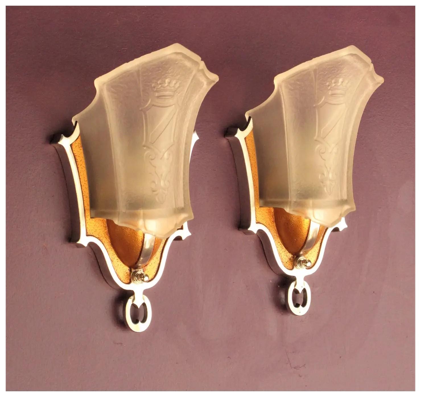 Slip Shade Sconces w/ Crown & Shield 4 pr available priced per pr vintage lights For Sale 1