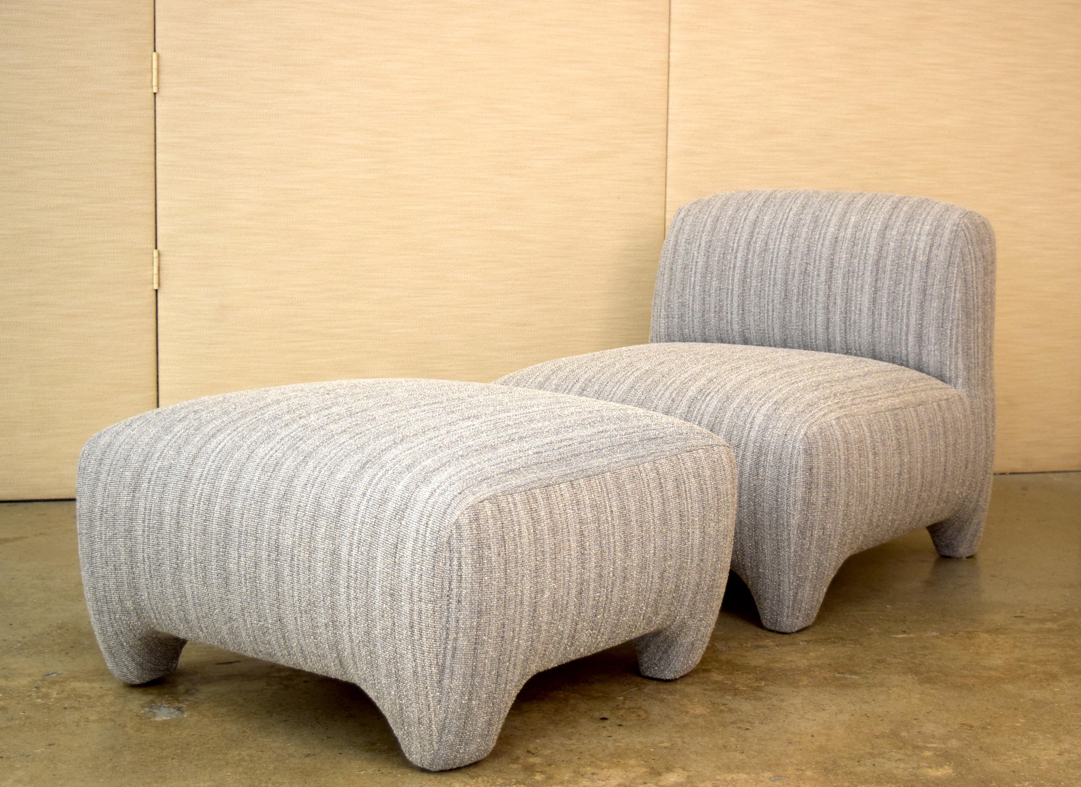 Tinatin Kilaberidze's slipper chair and ottoman have her signature sophisticated yet sober lines.
It is extremely comfortable and perfectly upholstered. 

Measures: The ottoman is 16
