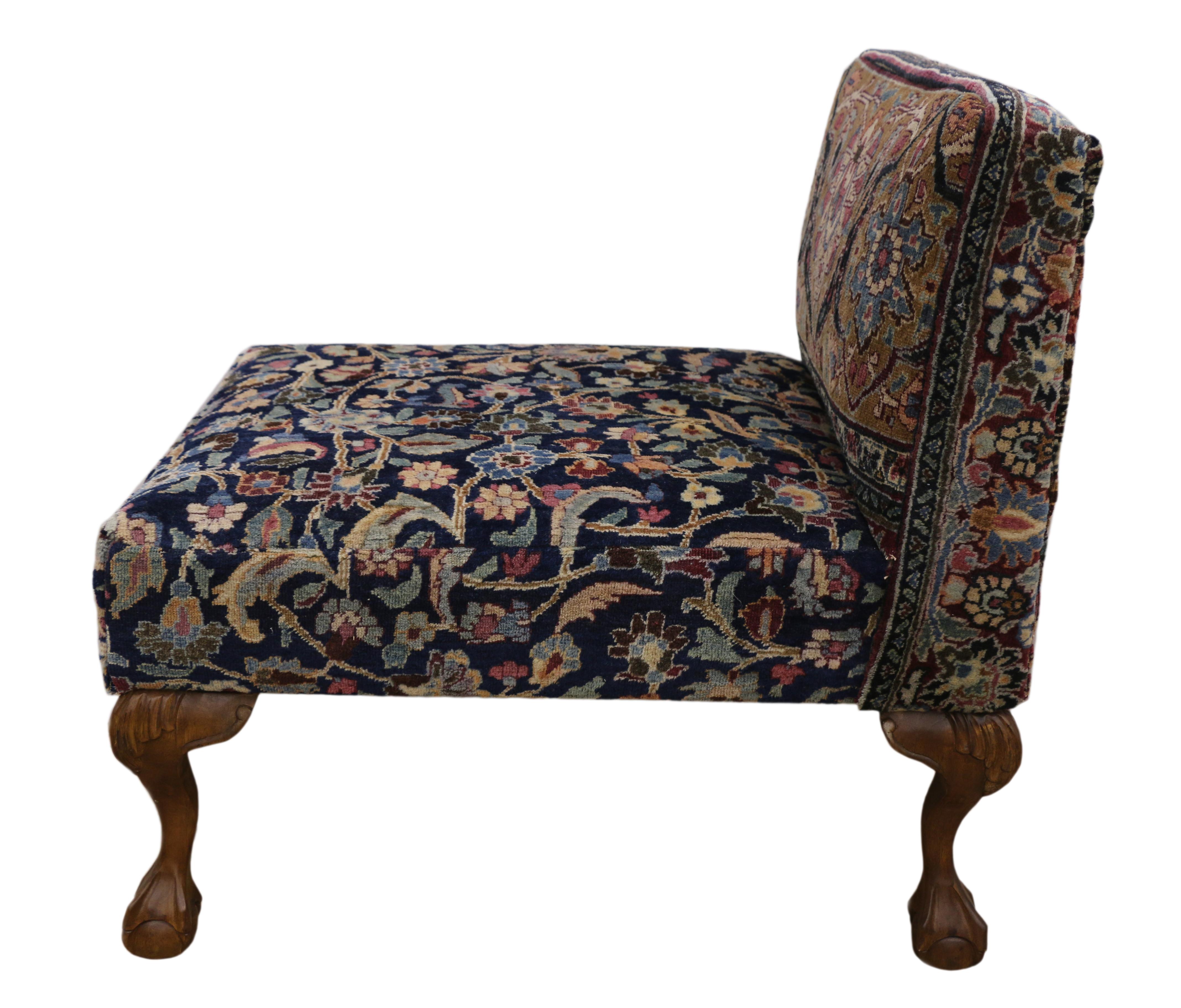 200002 Slipper chair with claw feet from antique Persian Khorassan rug. This hand knotted wool late 19th century antique Persian Khorassan rug was converted into slipper chair. It is a handcrafted and one-of-a-kind slipper chair with wooden claw