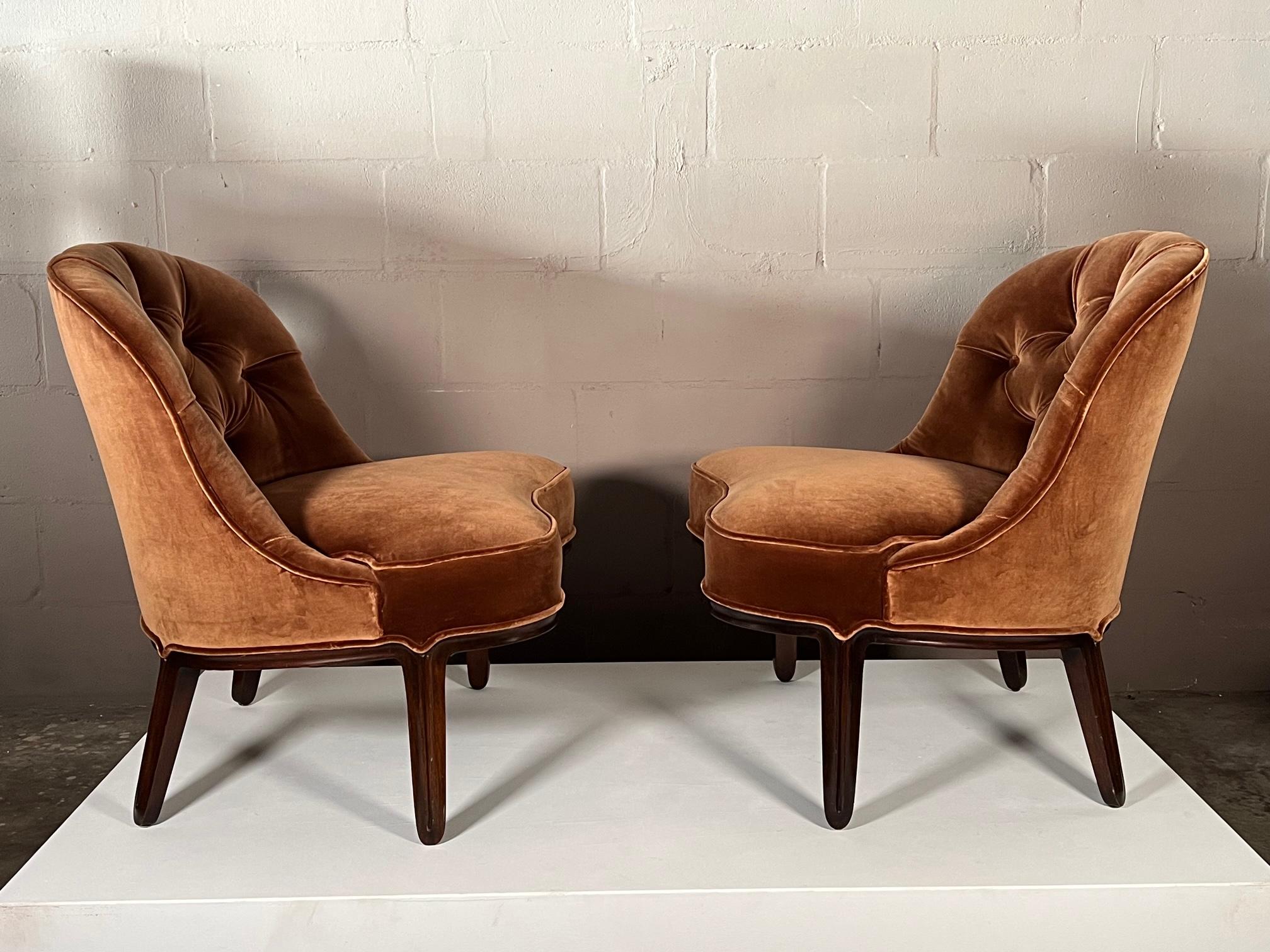 Stylish and elegant slipper chairs by Edward Wormley for Dunbar ca' 1950's. Upholstered in Fret custom Italian silk velvet, luxurious to the touch, (samples available). Chocolate brandy color, varies with light. Frames have original factory finish.