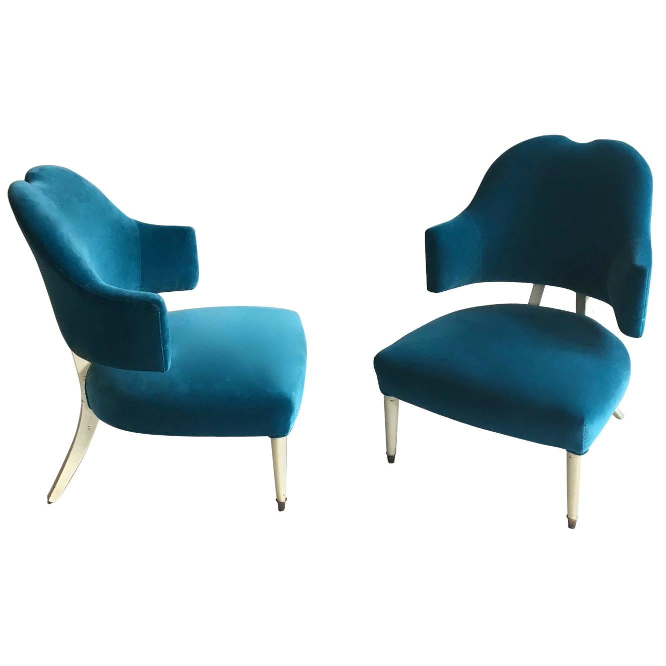 Slipper Chairs Chauffeuses Overpainted White, Blue Velour Upholstery, 1950s Pair