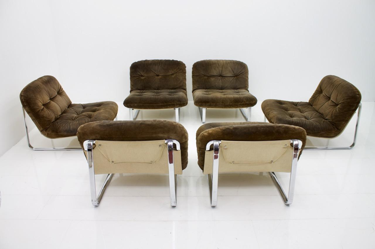 Mid-Century Modern Slipper Lounge Chairs in Chrome and Suede, 1974