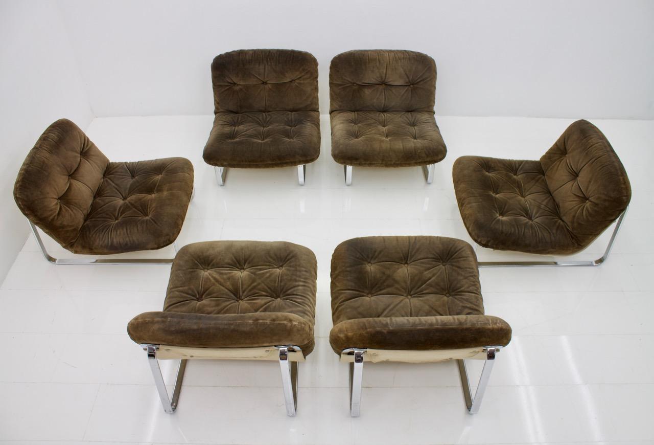 European Slipper Lounge Chairs in Chrome and Suede, 1974