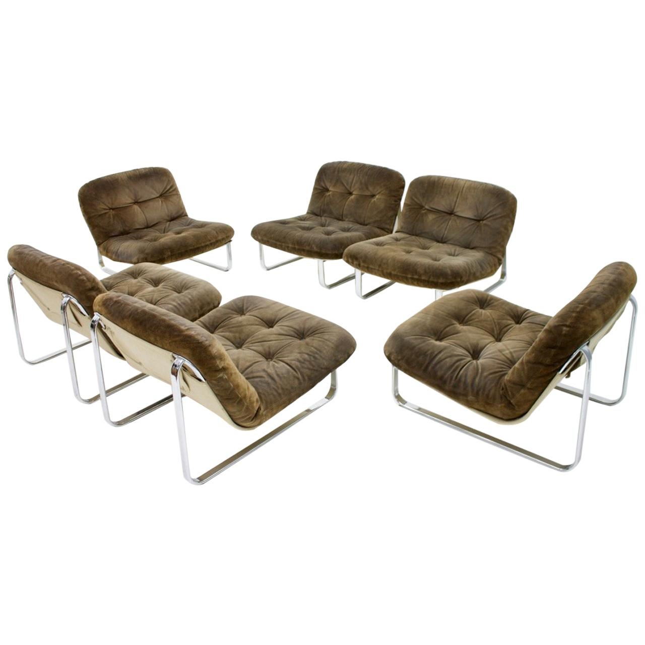 Slipper Lounge Chairs in Chrome and Suede, 1974