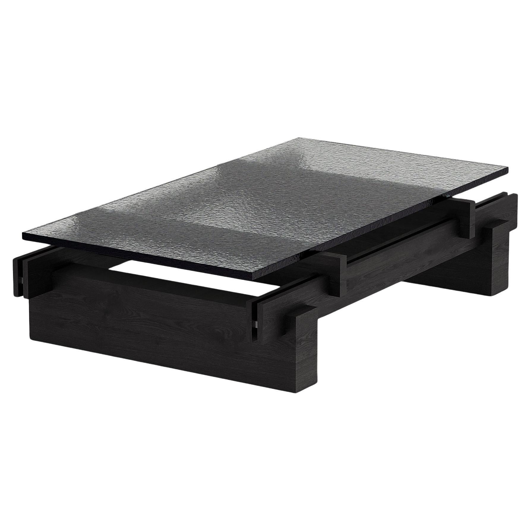 Tavolino da caffè Slit, piano in vetro fuso dall'aspetto dinamico, Oak nero