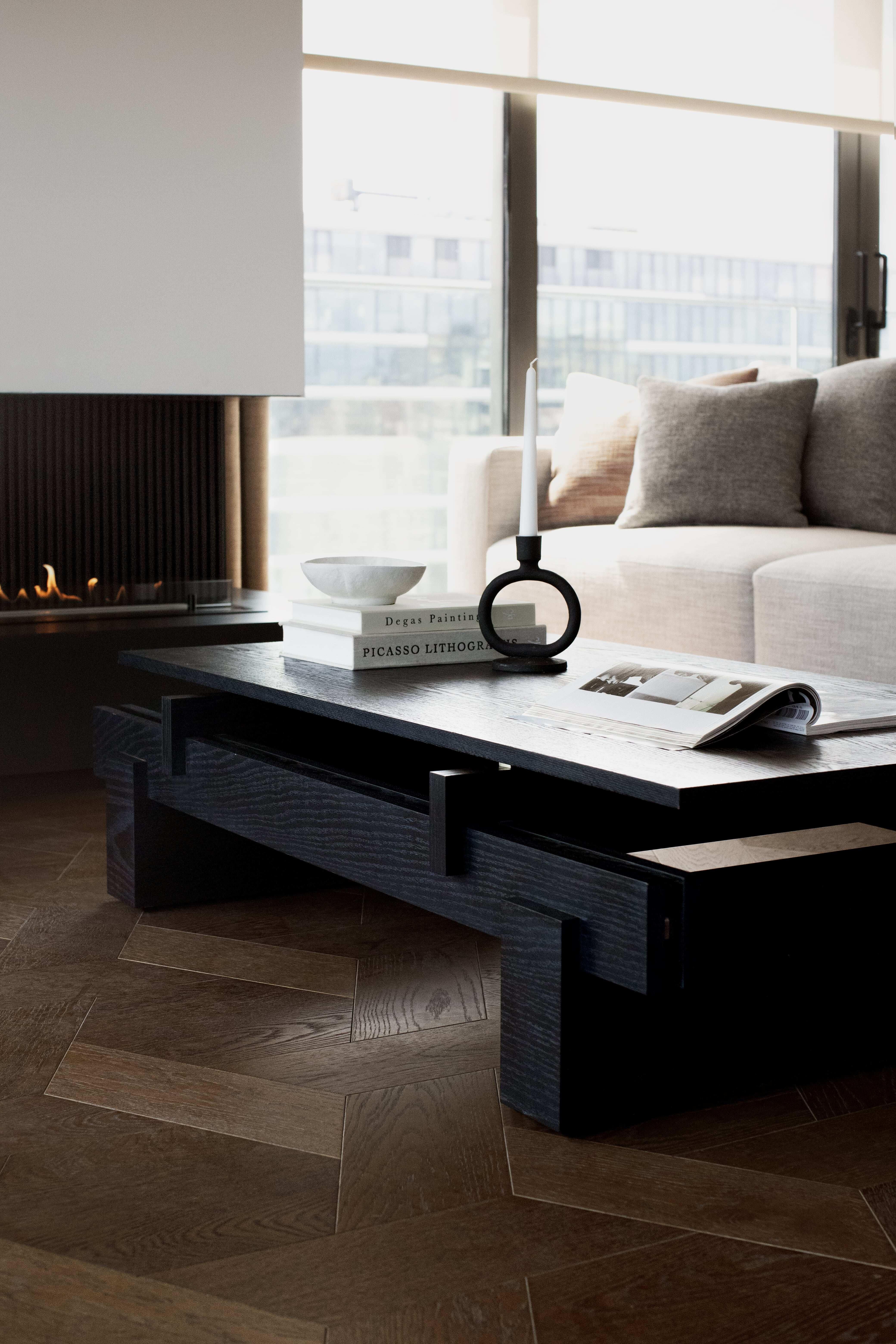 Blackened Slit Coffee Table, Wood Top with Dynamic Look, Black Oak For Sale