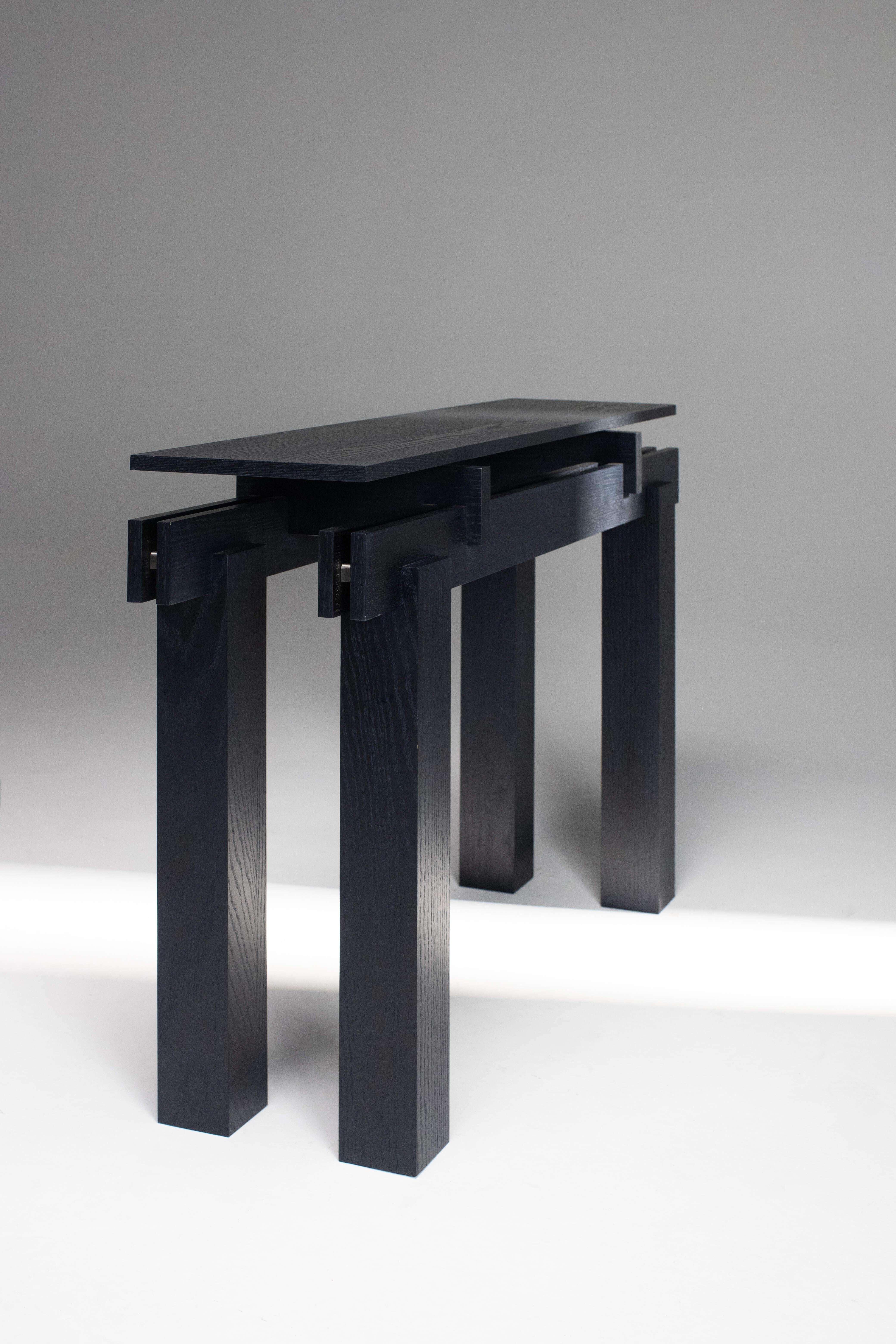Blackened Slit Console Table, Wood Top with Dynamic Look, Black Oak For Sale
