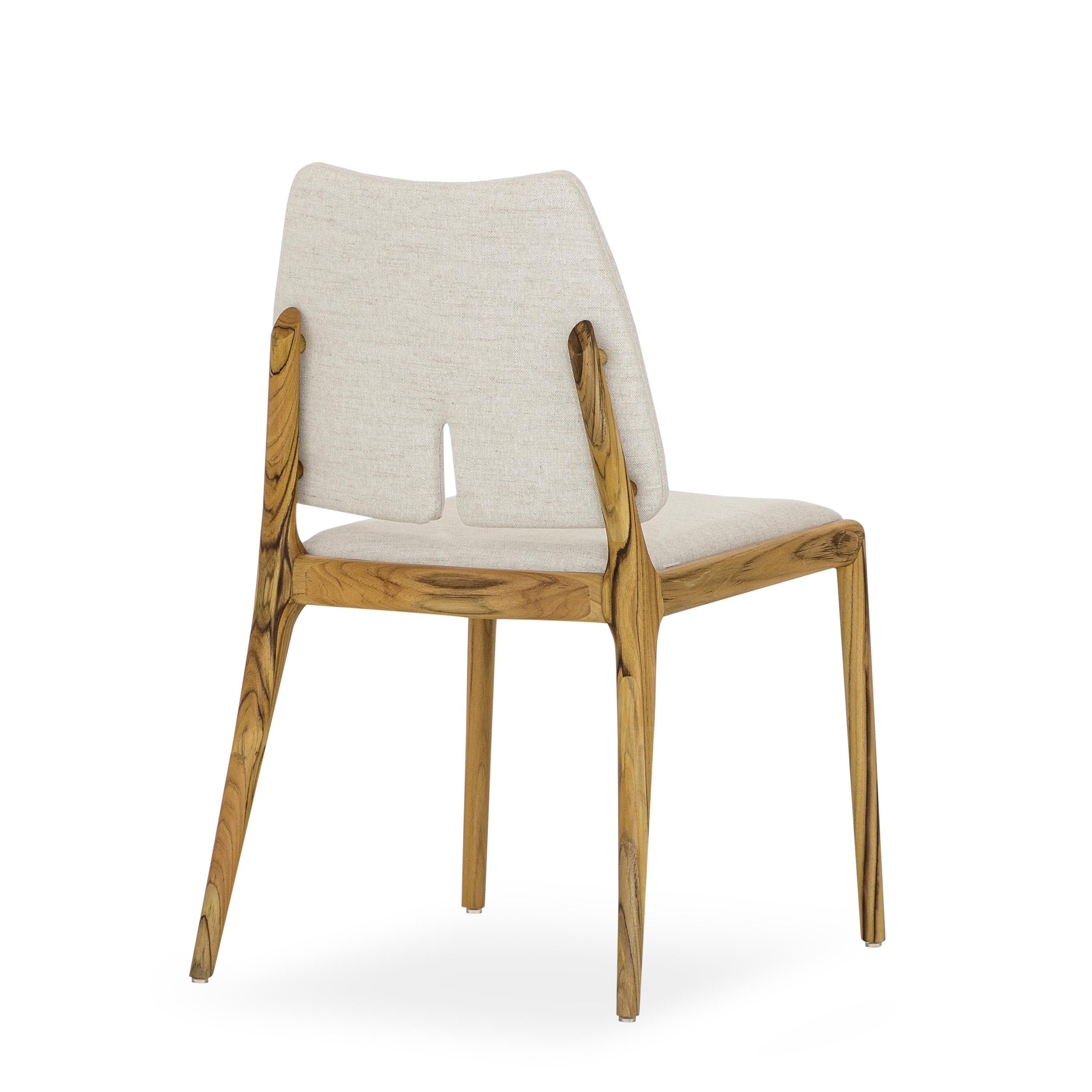 Brazilian Slit Dining Chair in Teak Wood Finish and Light Beige Cotton Fabric, Set of 2 For Sale