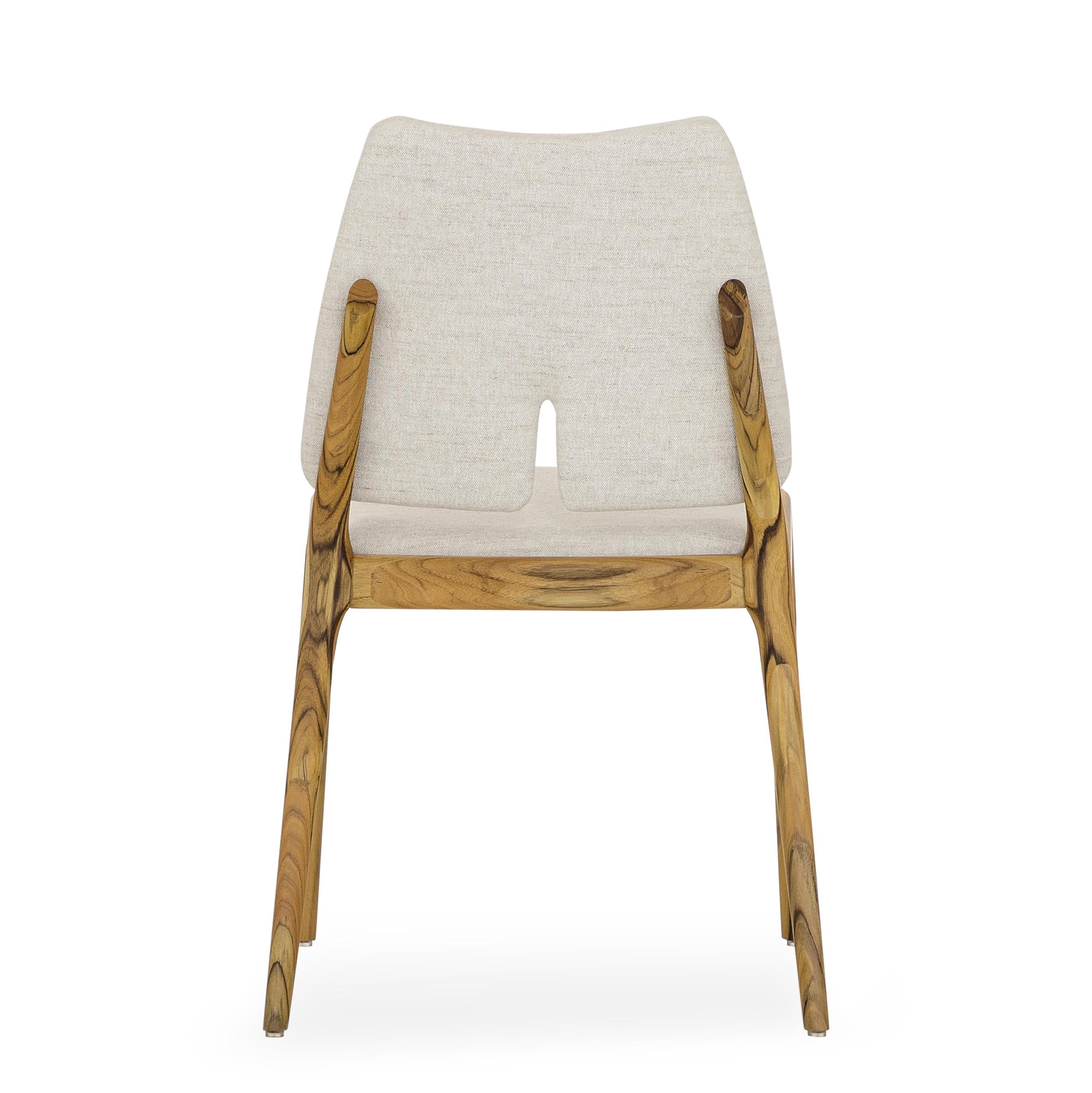 Slit Dining Chair in Teak Wood Finish and Light Beige Cotton Fabric, Set of 2 In New Condition For Sale In Miami, FL