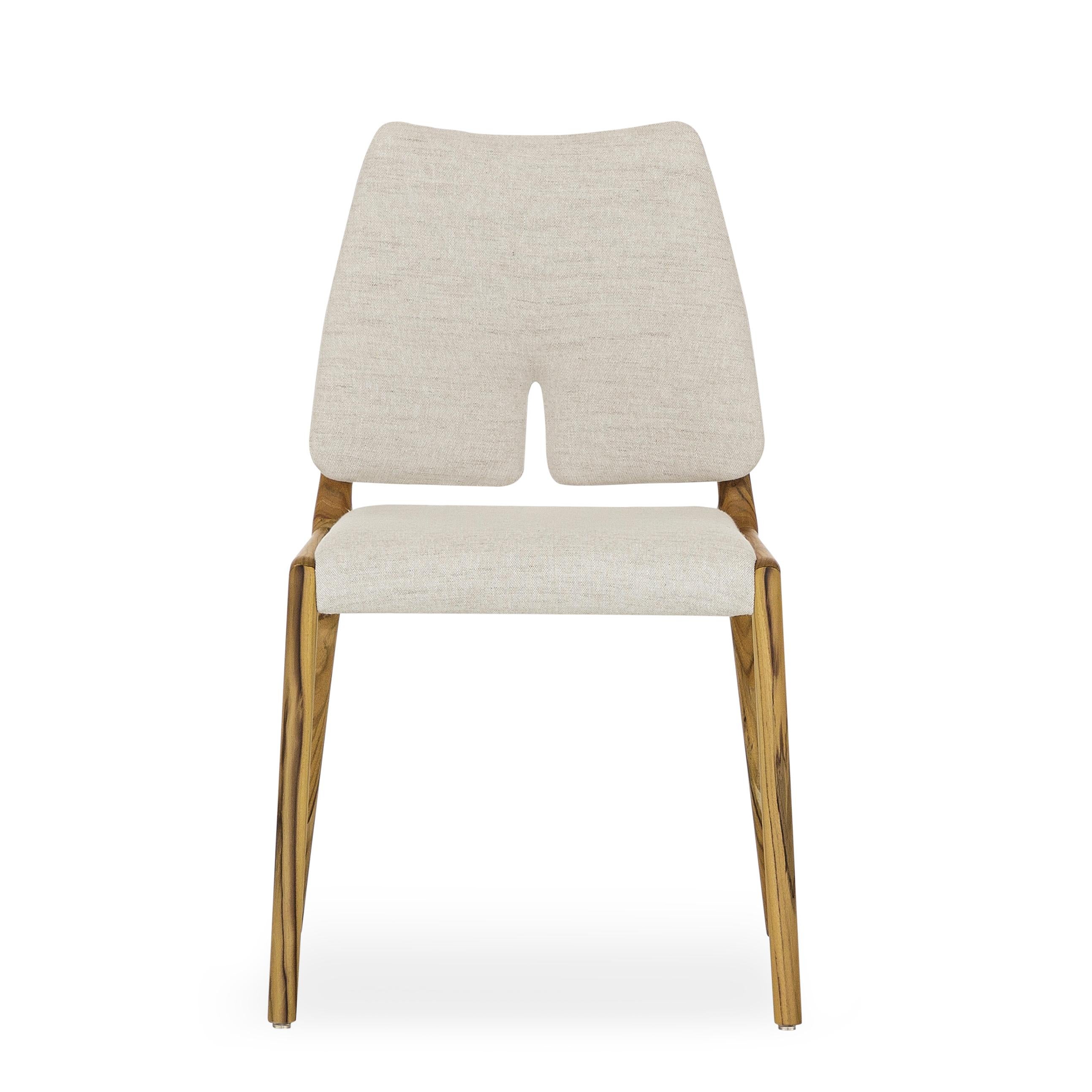 Contemporary Slit Dining Chair in Teak Wood Finish and Light Beige Cotton Fabric, Set of 2 For Sale