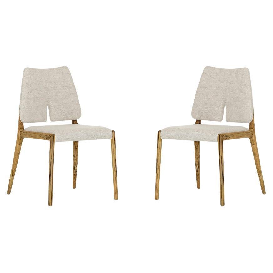 Slit Dining Chair in Teak Wood Finish and Light Beige Cotton Fabric, Set of 2 For Sale